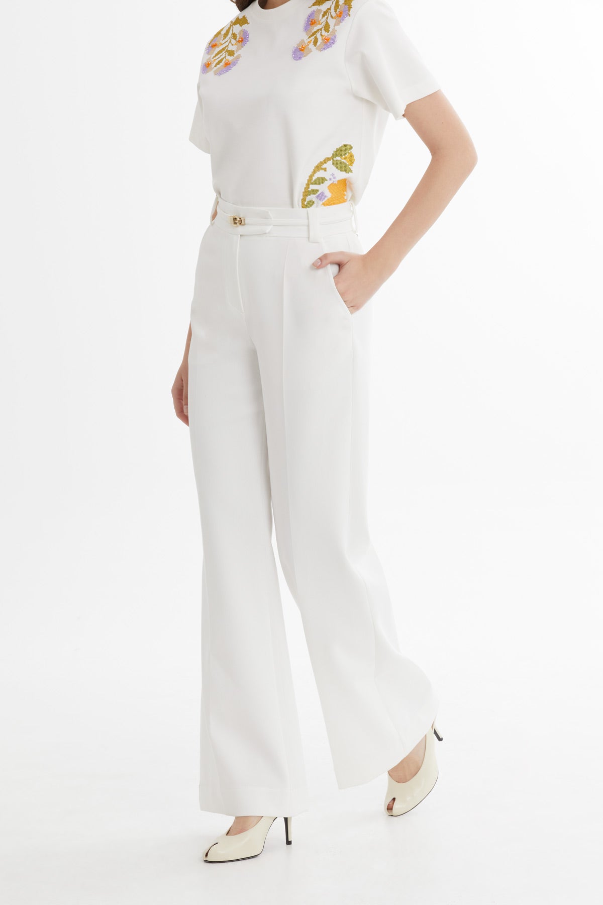 Pleated Stitch Classic Ecru Palazzo Pants N