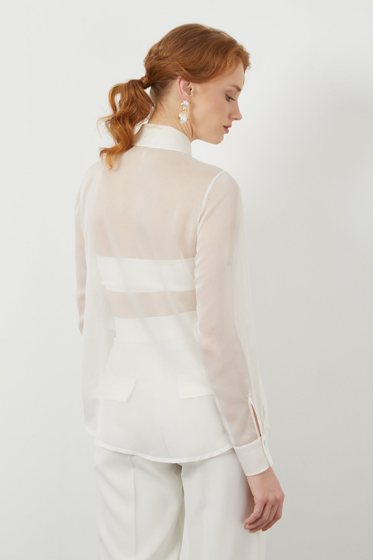 Front Ruffle Transparent Off-White Shirt