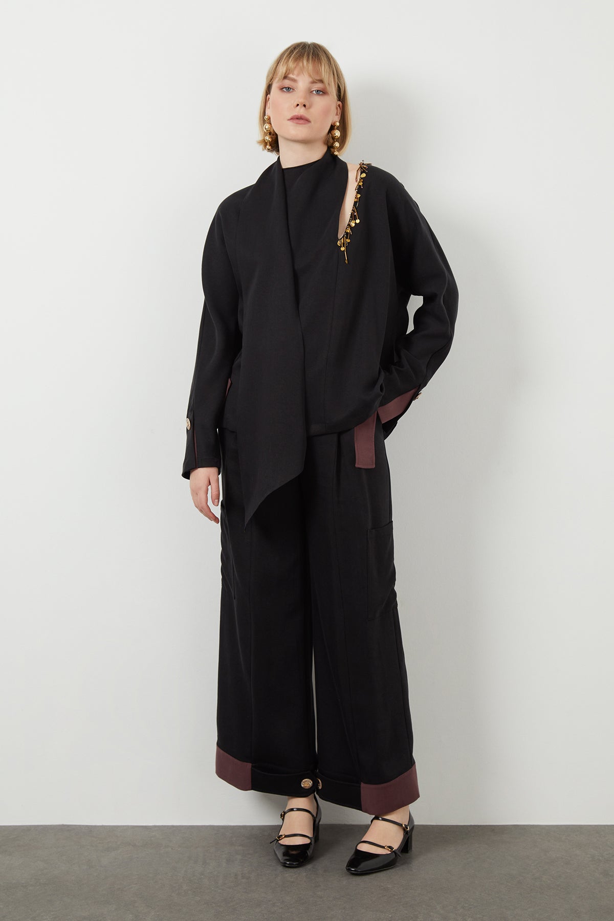 Embroidered Tie Neck Detail Unlined Long-Sleeve Black Blouse N