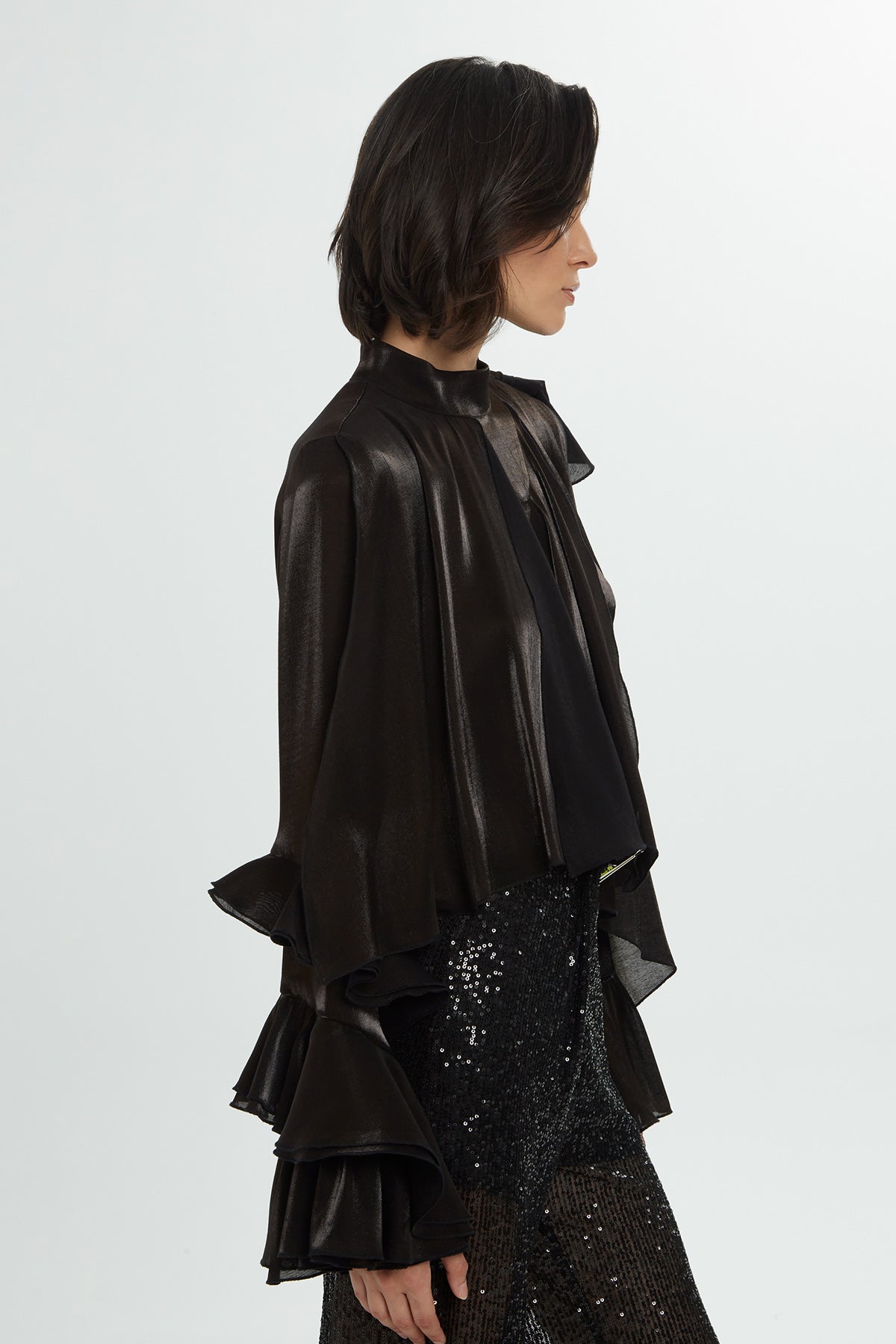Back Zipper Ruffled Detail Black Blouse N