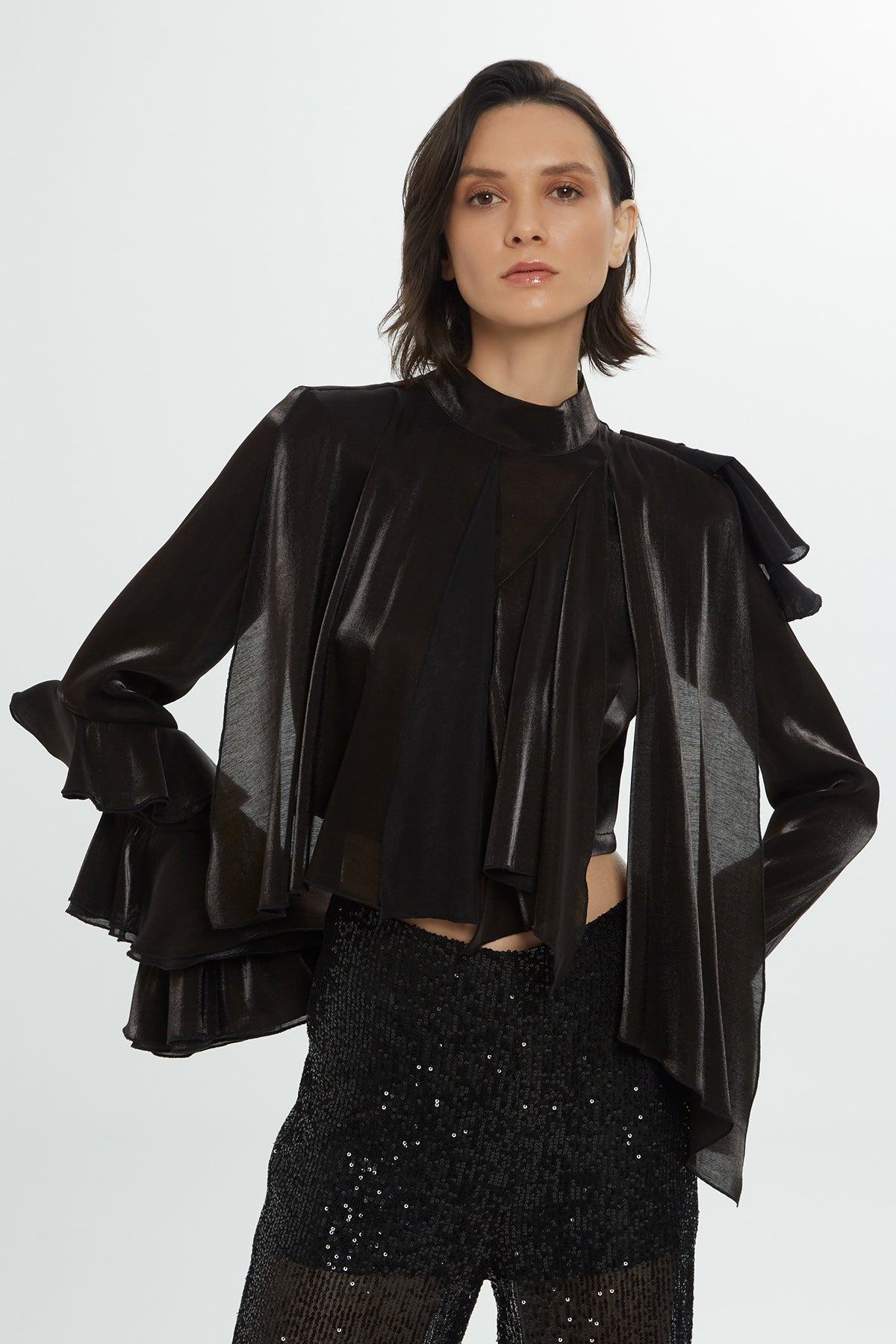 Back Zipper Ruffled Detail Black Blouse N