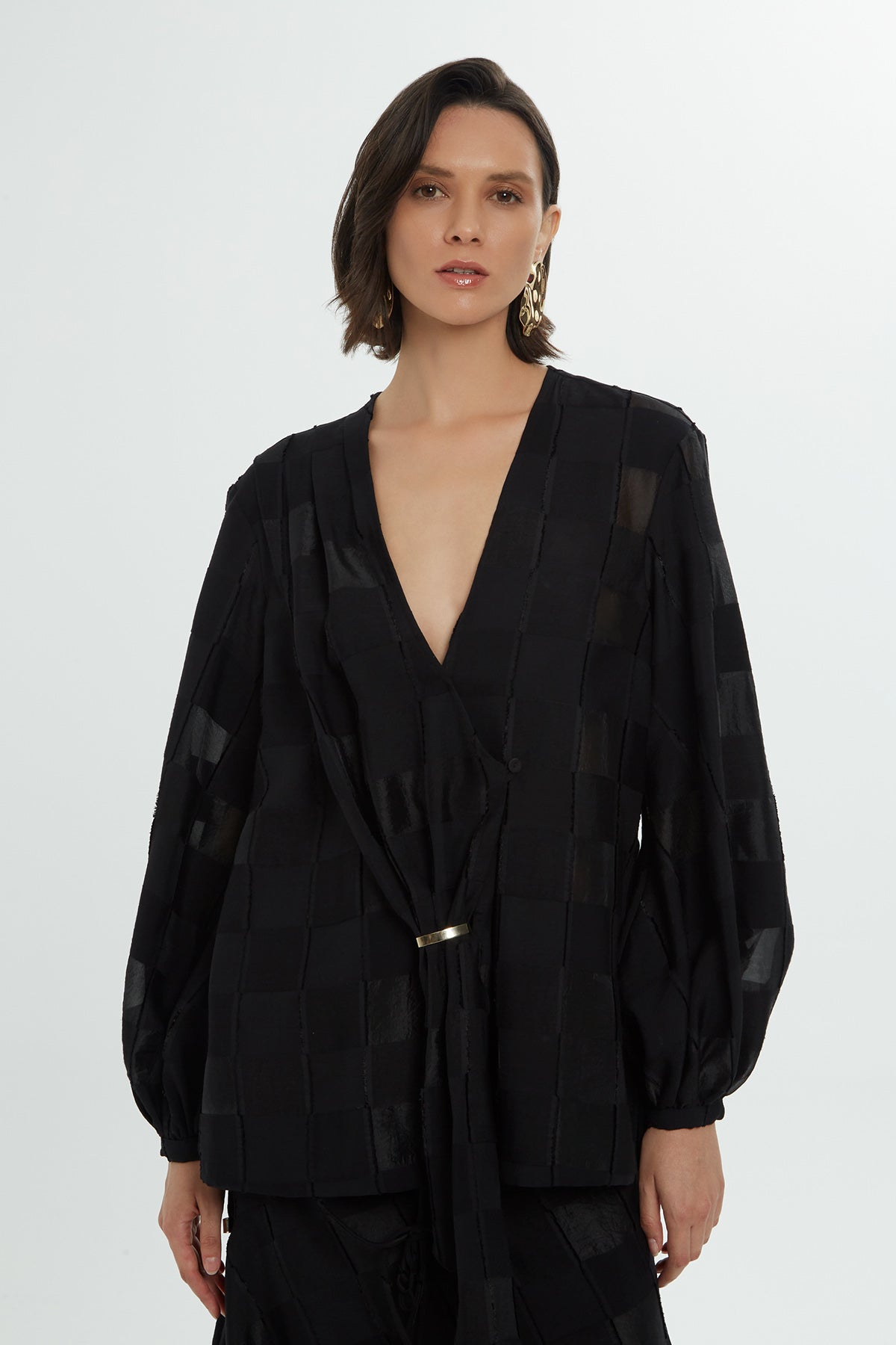 Black Long Sleeve Blouse with Cuff and Accessory Details N
