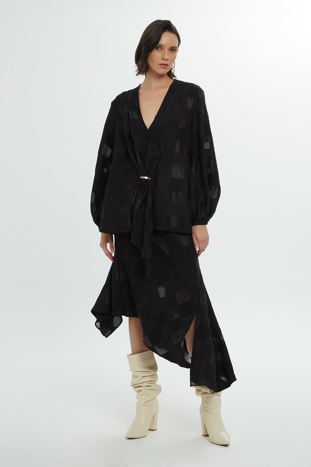 Black Long Sleeve Blouse with Cuff and Accessory Details N