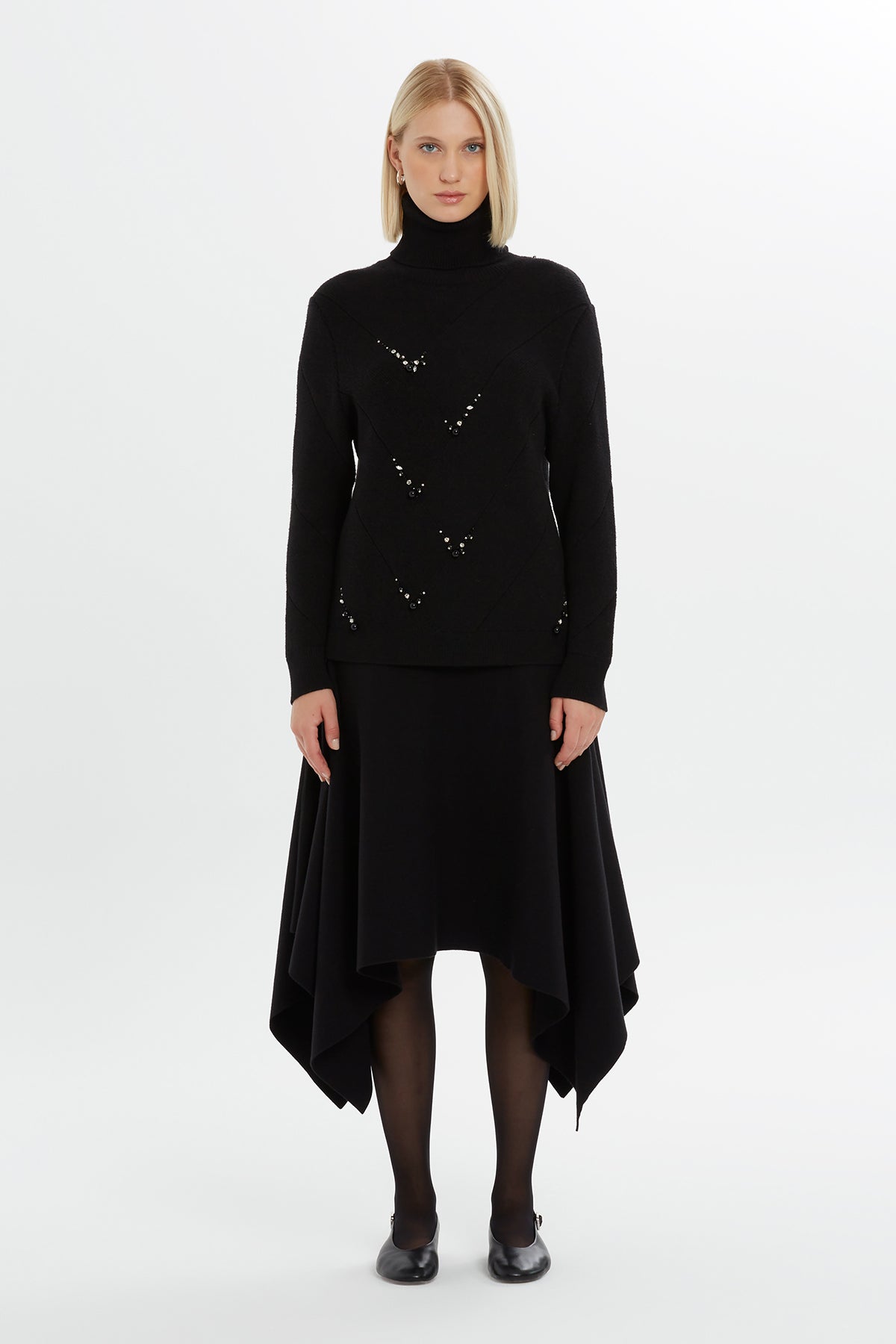 Beaded Embellished Turtleneck Black Knit Jumper N
