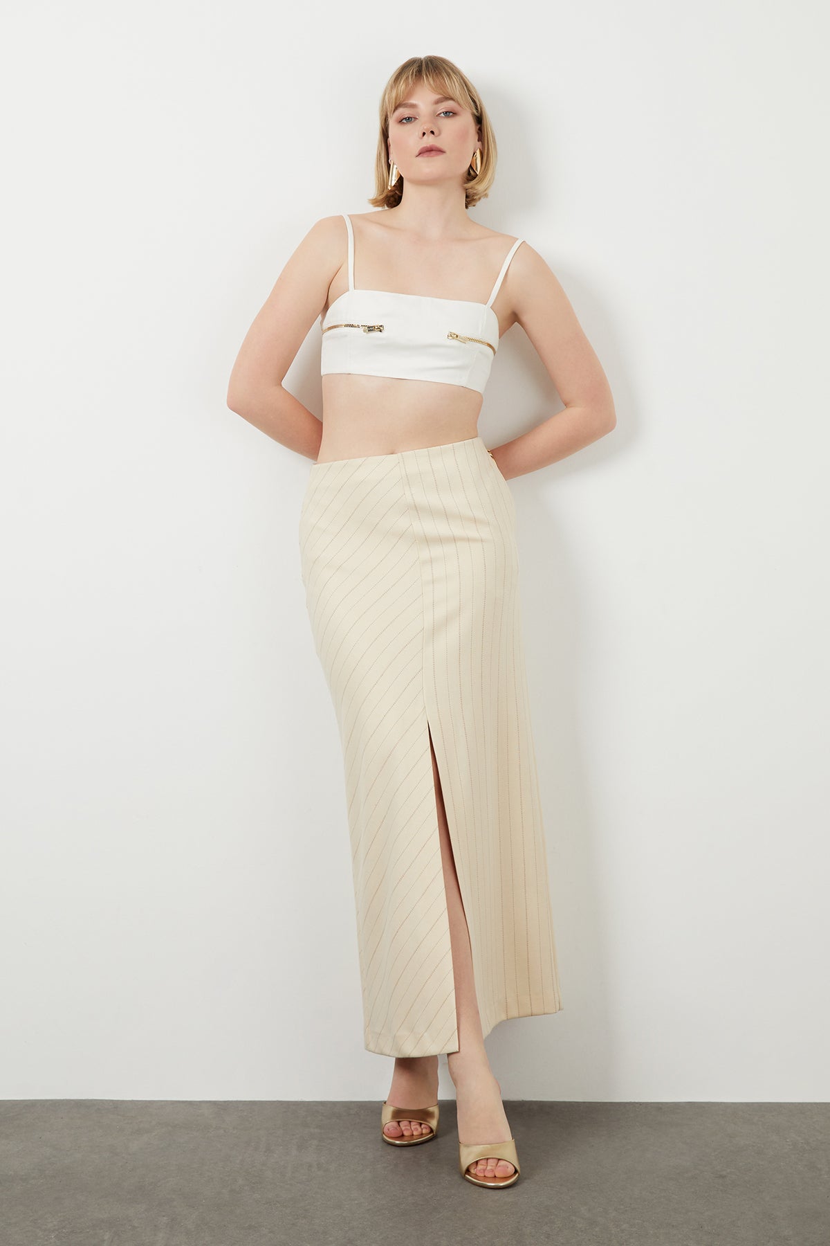 Stripe Pattern Slit Ecru Long Skirt N