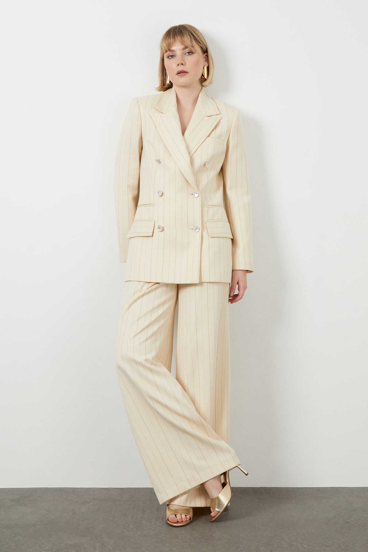 Pearl Button Detail Striped Off-White Jacket N