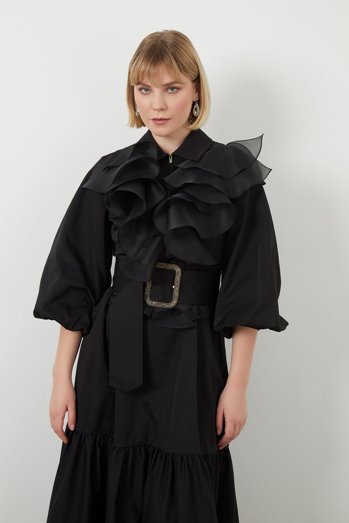 Ruffle Detail Three-Quarter Sleeve Long Black Dress N