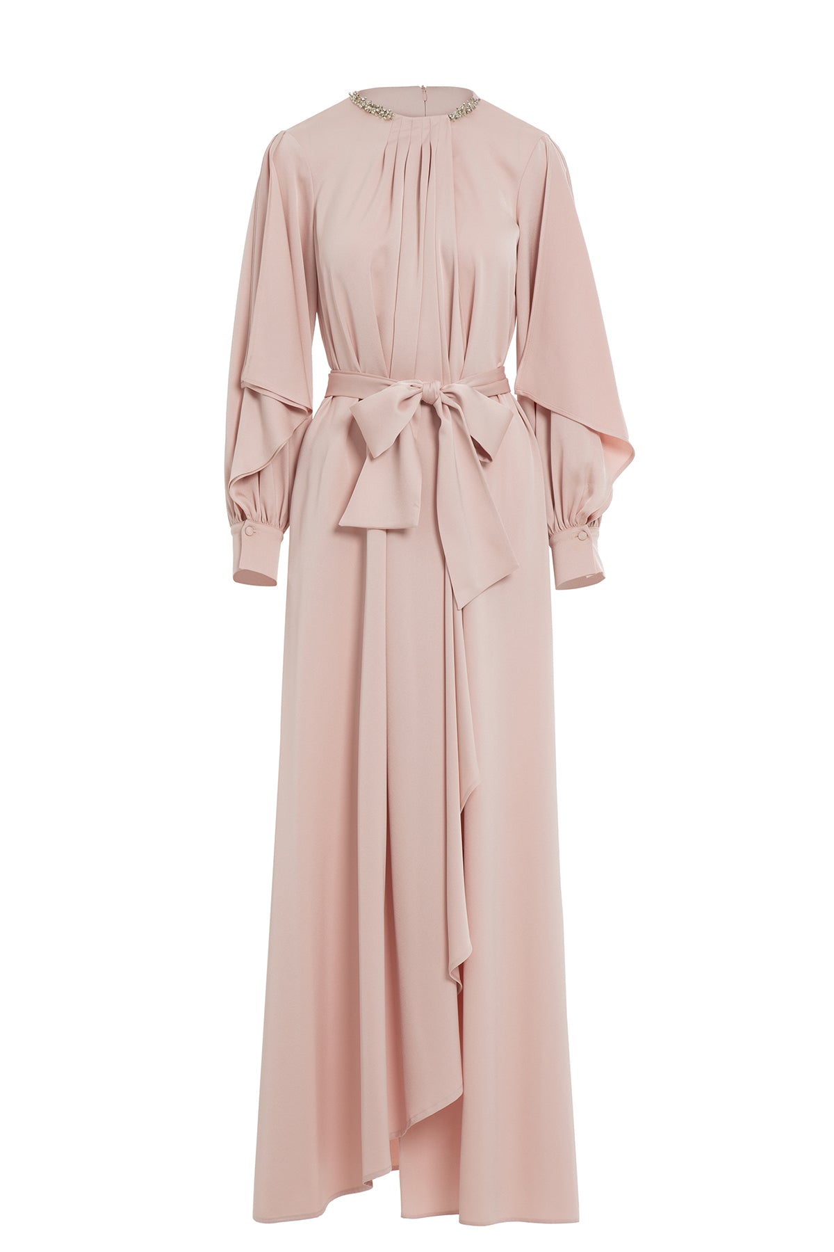 Front Pleated Detail Slit Sleeve Powder Long Dress N