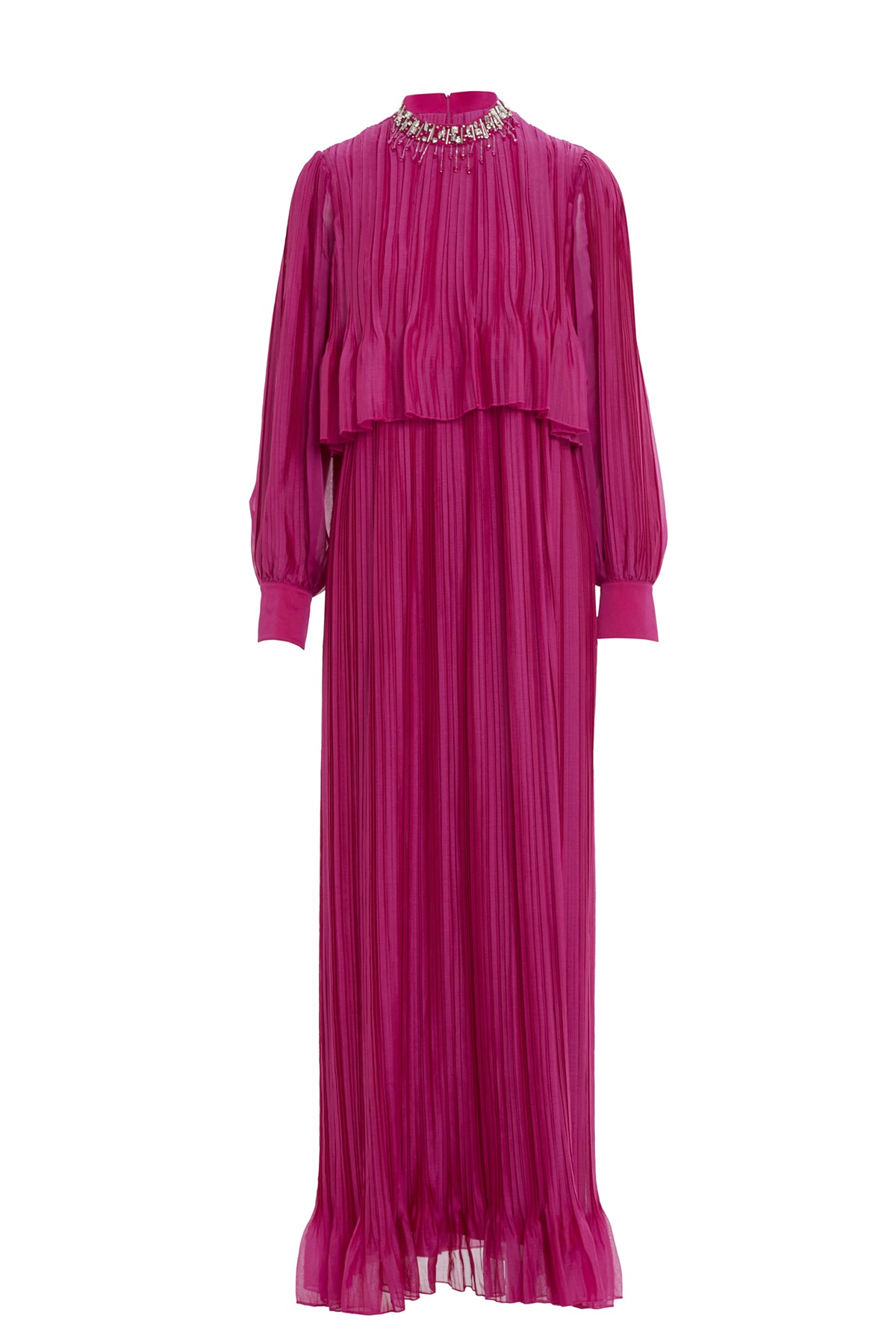 Embroidered Collar Pleated Maxi Light Violet Dress N