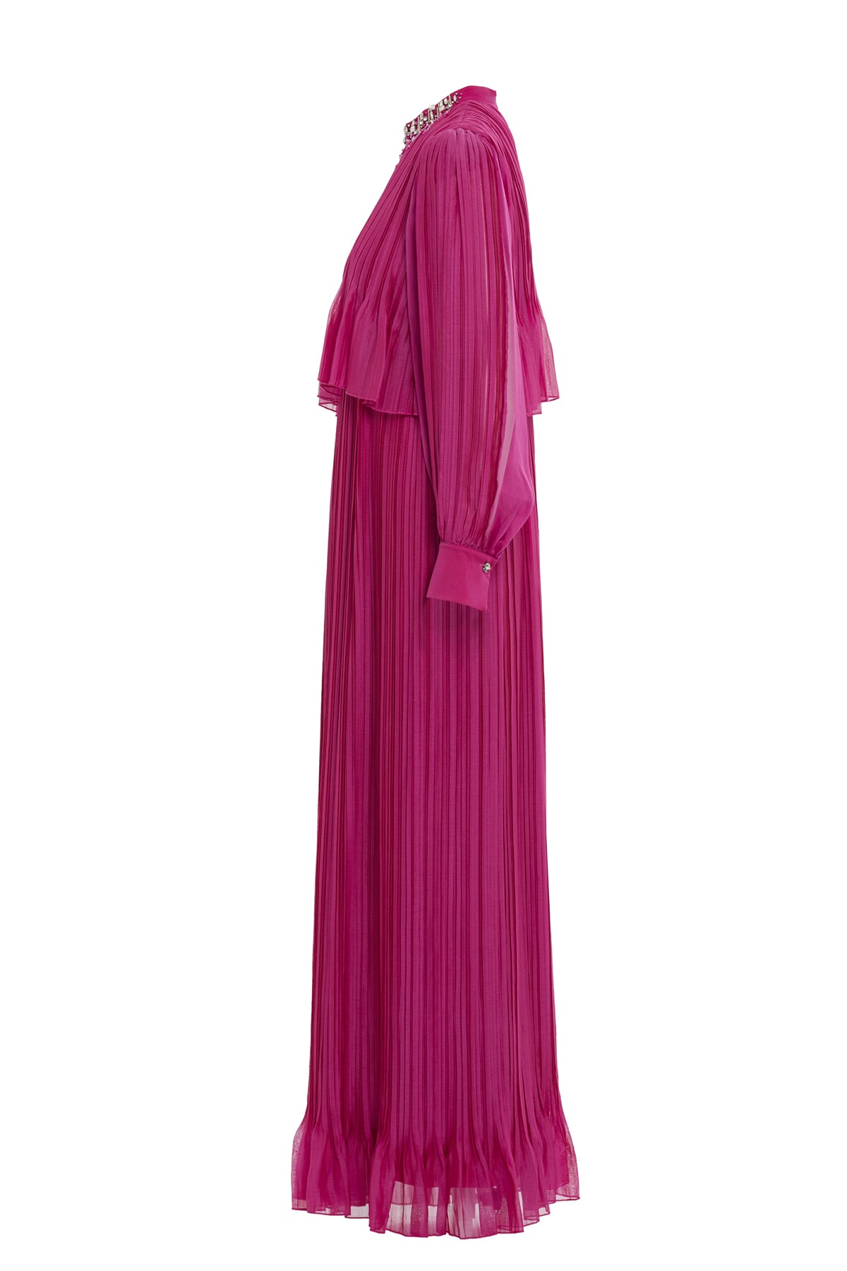 Embroidered Collar Pleated Maxi Light Violet Dress N
