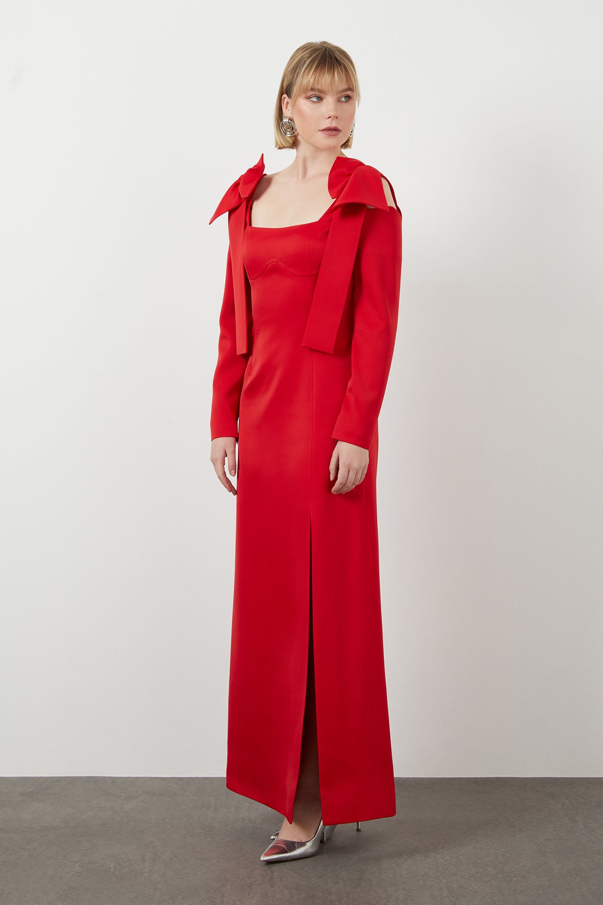 Shoulder Bow Detail Lined Long Red Dress N