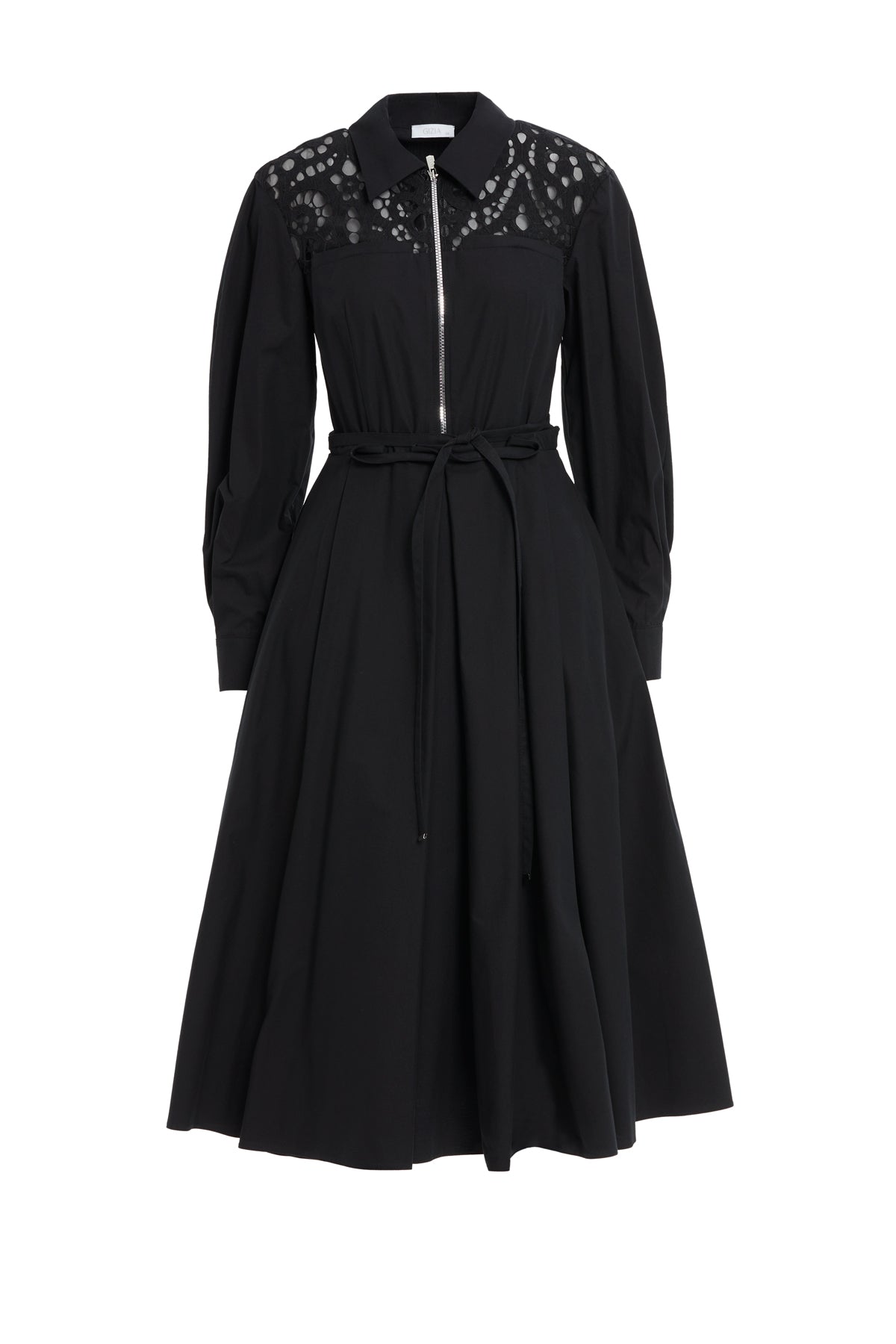 Shirt Collar Zippered Black Midi Dress N