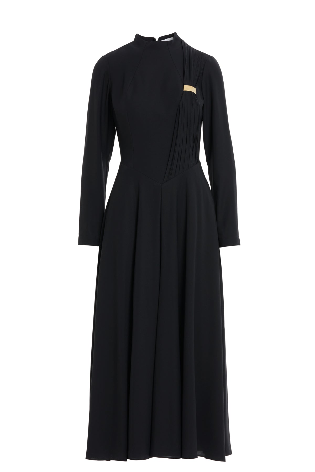 Buckle Detail Mock Neck Long Sleeve Black Midi Dress N