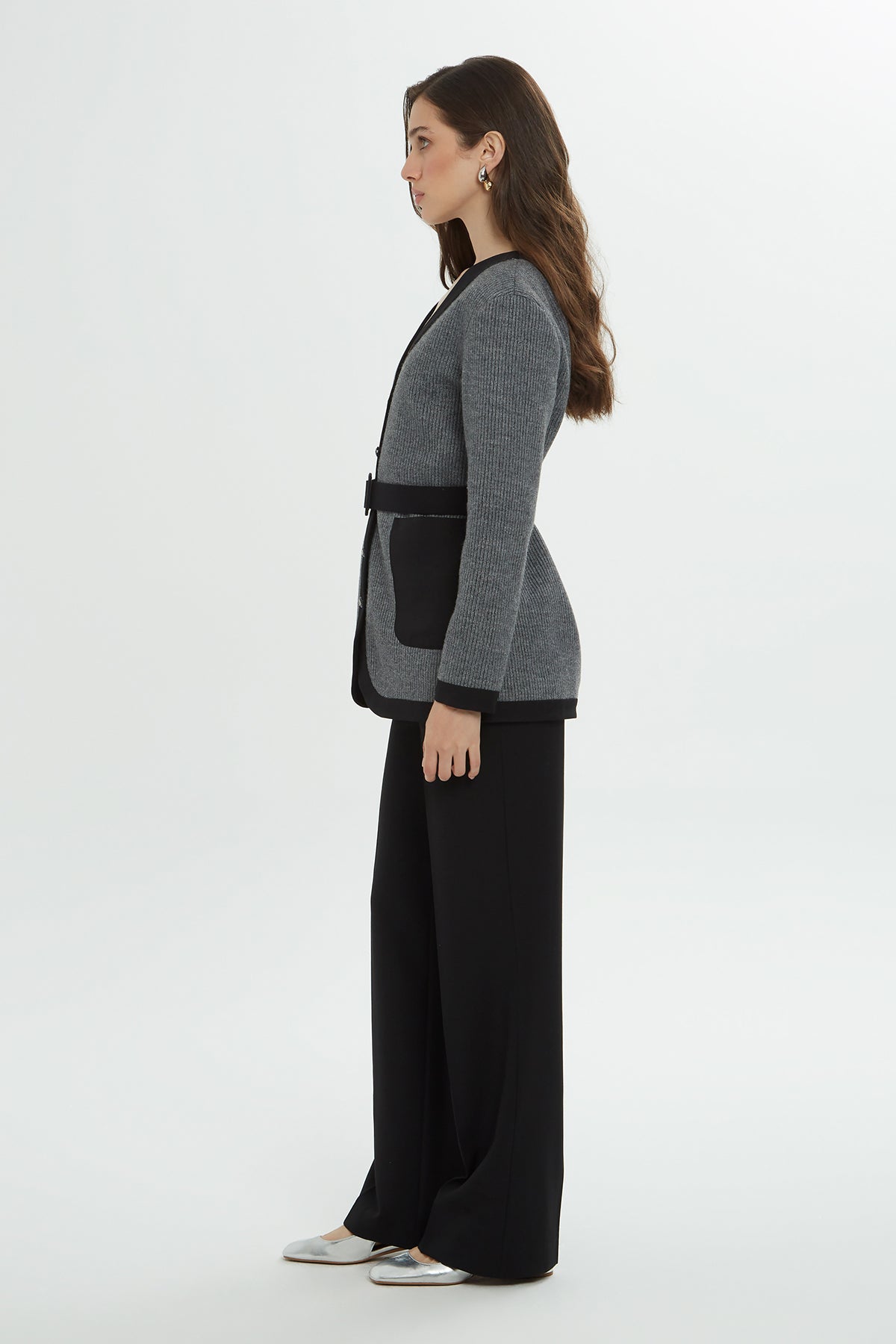 Grey and Black Cardigan Set with Belt Detail