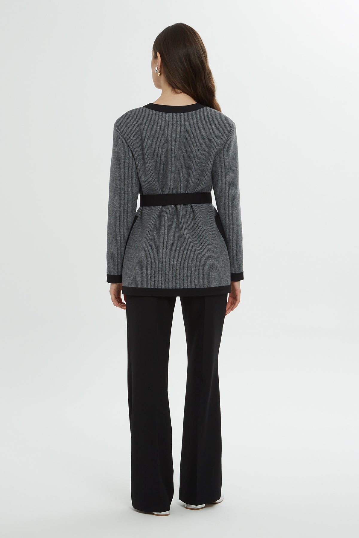 Grey and Black Cardigan Set with Belt Detail