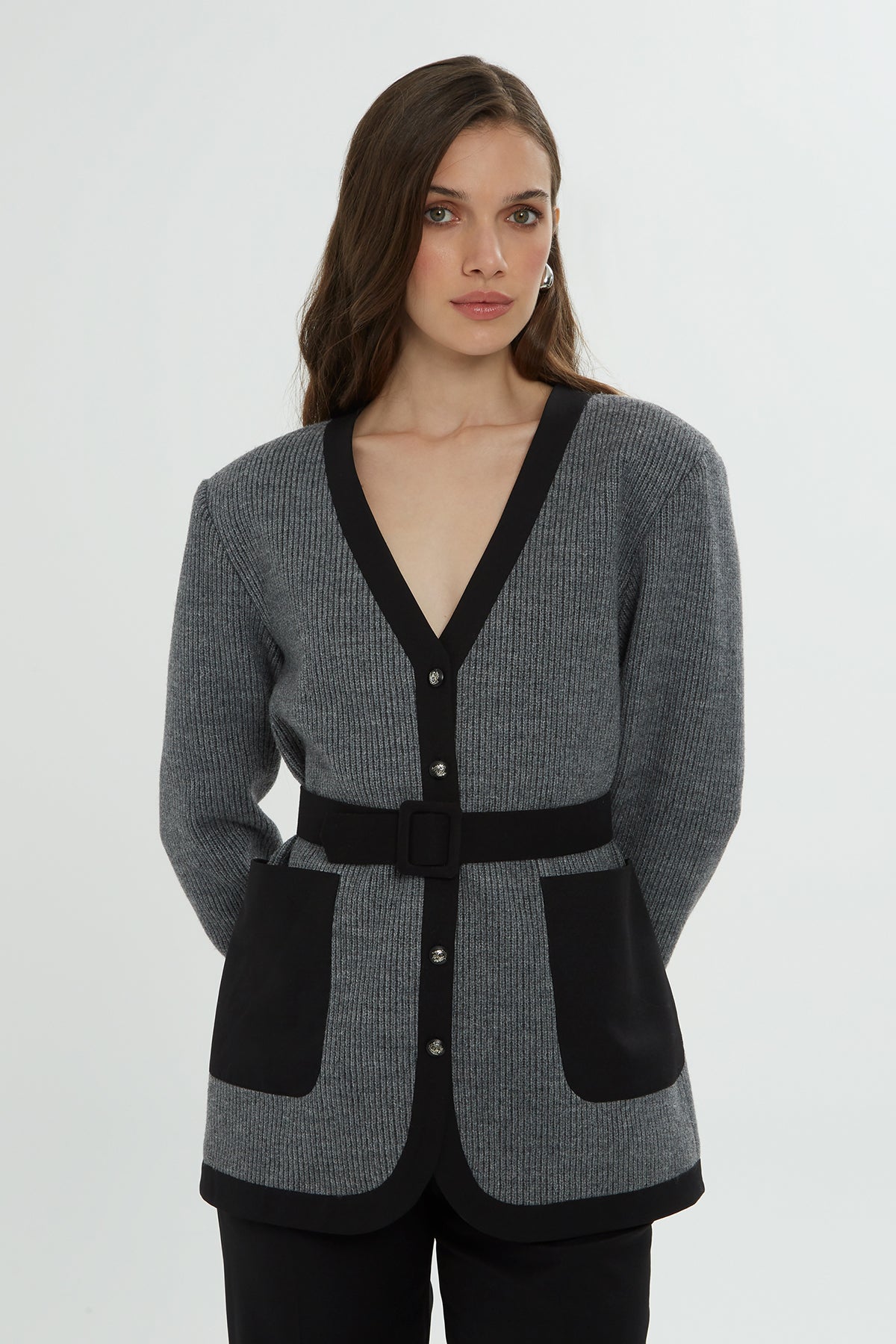 Grey and Black Cardigan Set with Belt Detail