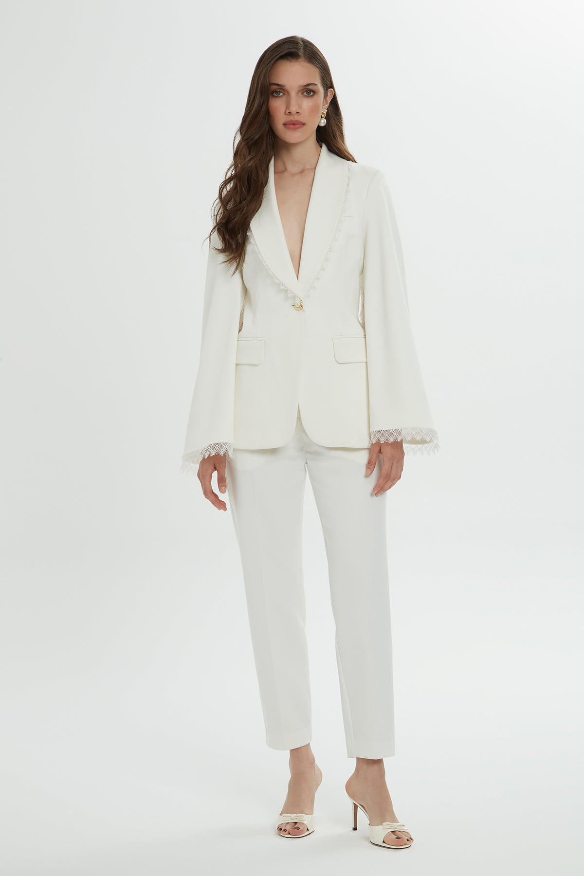 Lace Detail Sleeves and Collar Ecru Blazer and Pants Suit N