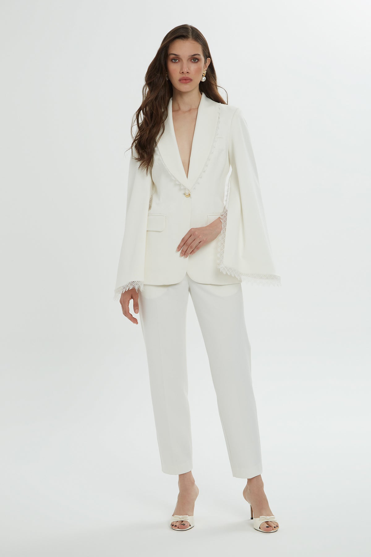 Lace Detail Sleeves and Collar Ecru Blazer and Pants Suit N