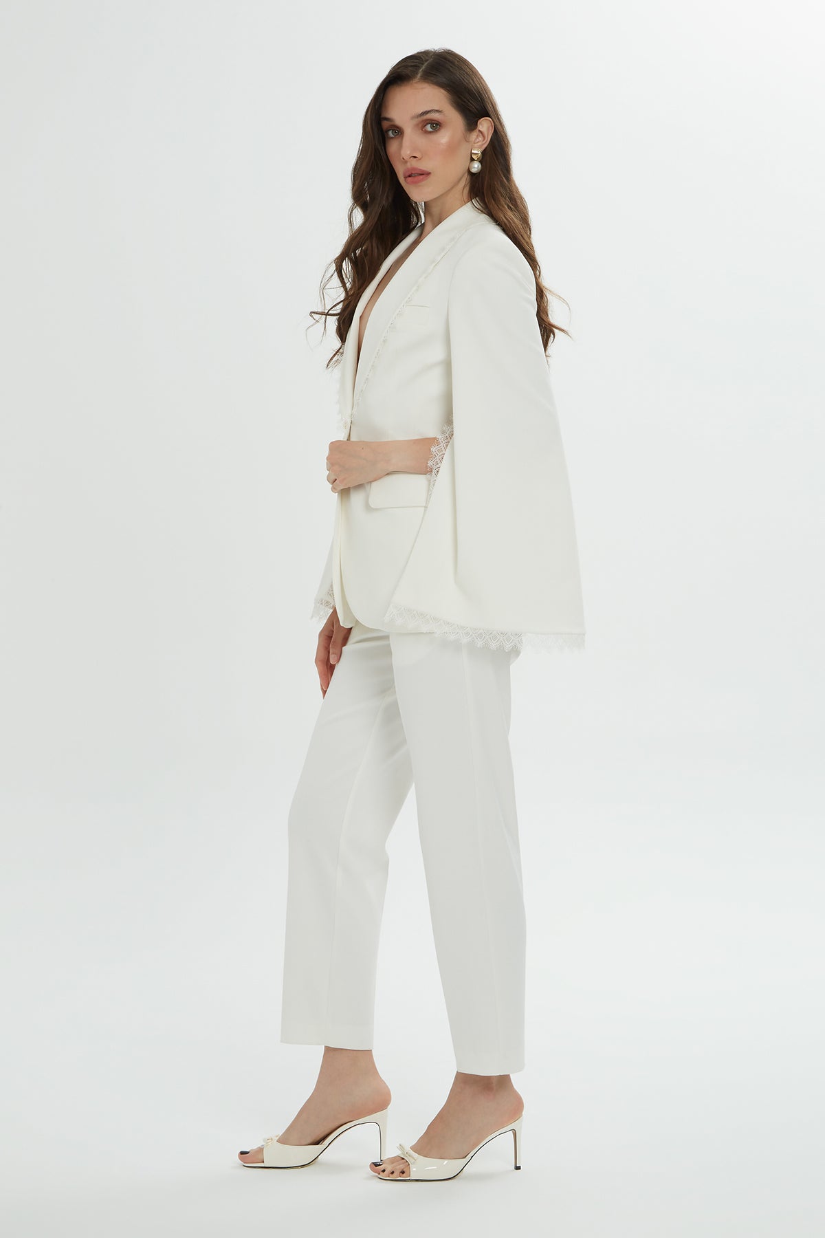 Lace Detail Sleeves and Collar Ecru Blazer and Pants Suit N