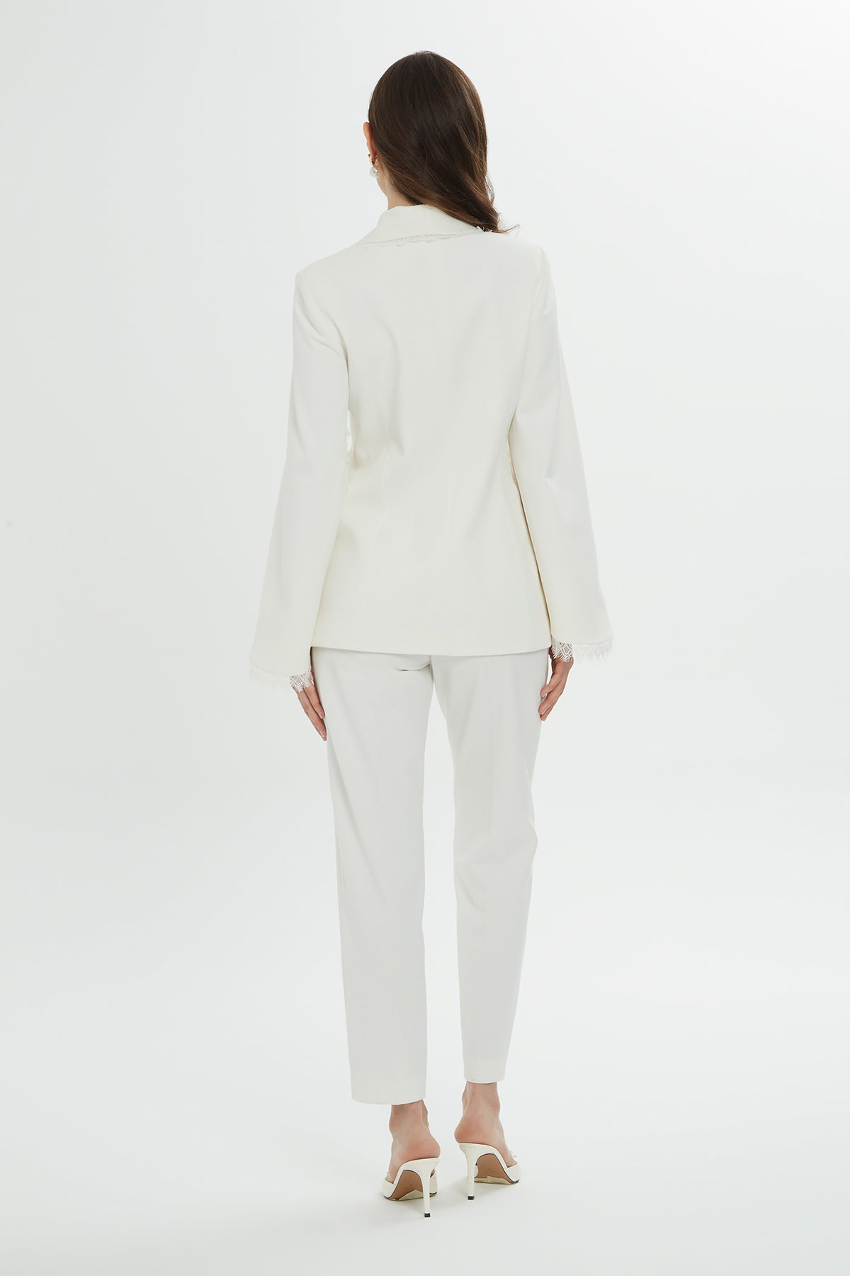 Lace Detail Sleeves and Collar Ecru Blazer and Pants Suit N