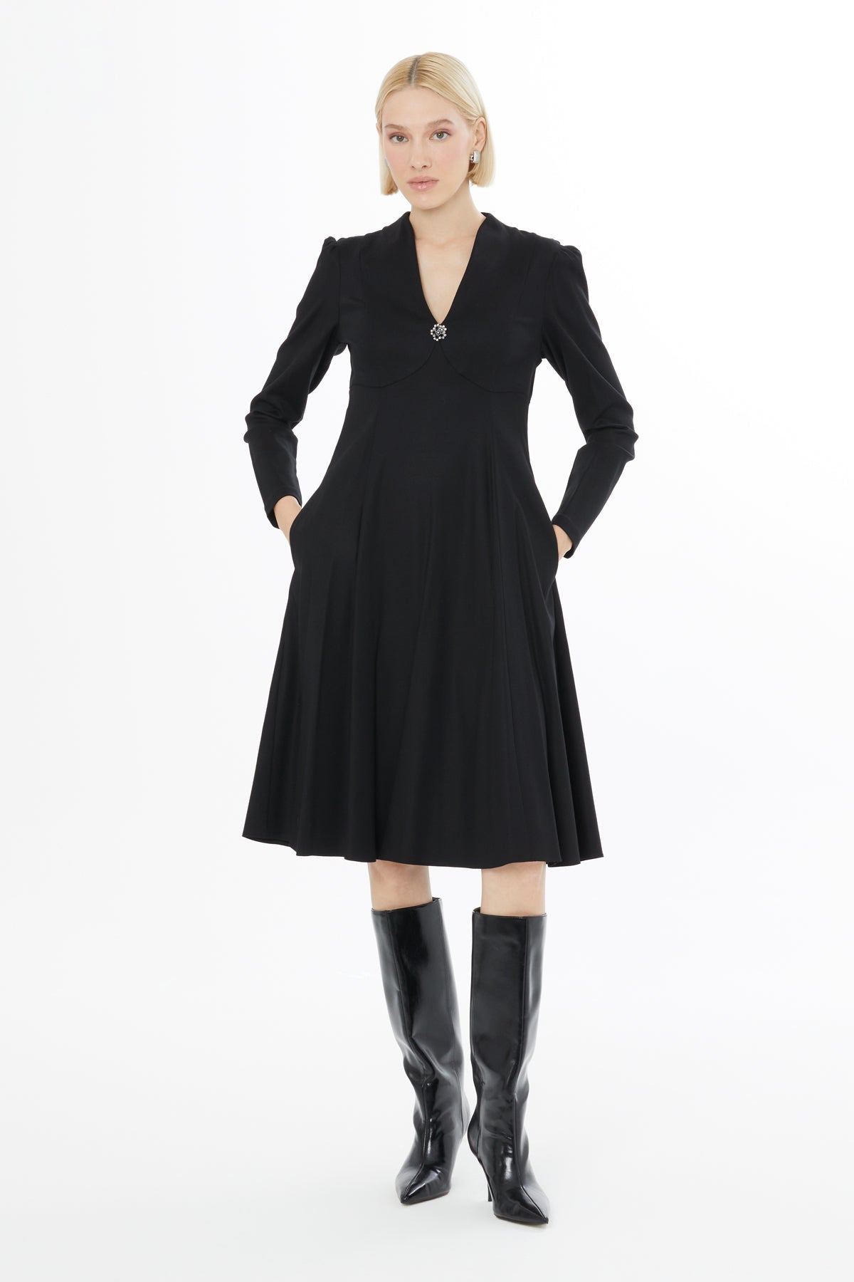 Black V-Neck Midi Dress