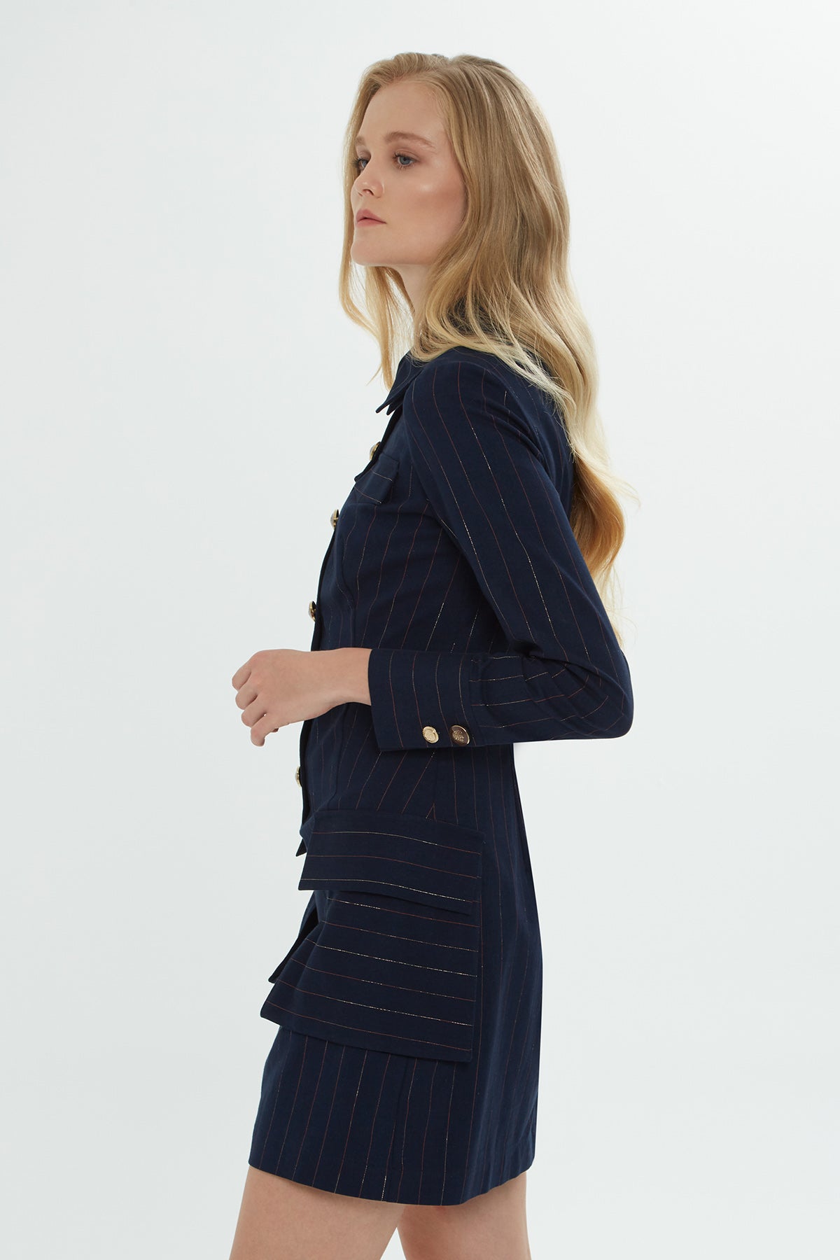 Long-Sleeved Striped Navy Shirt Dress with Gold Button Details N