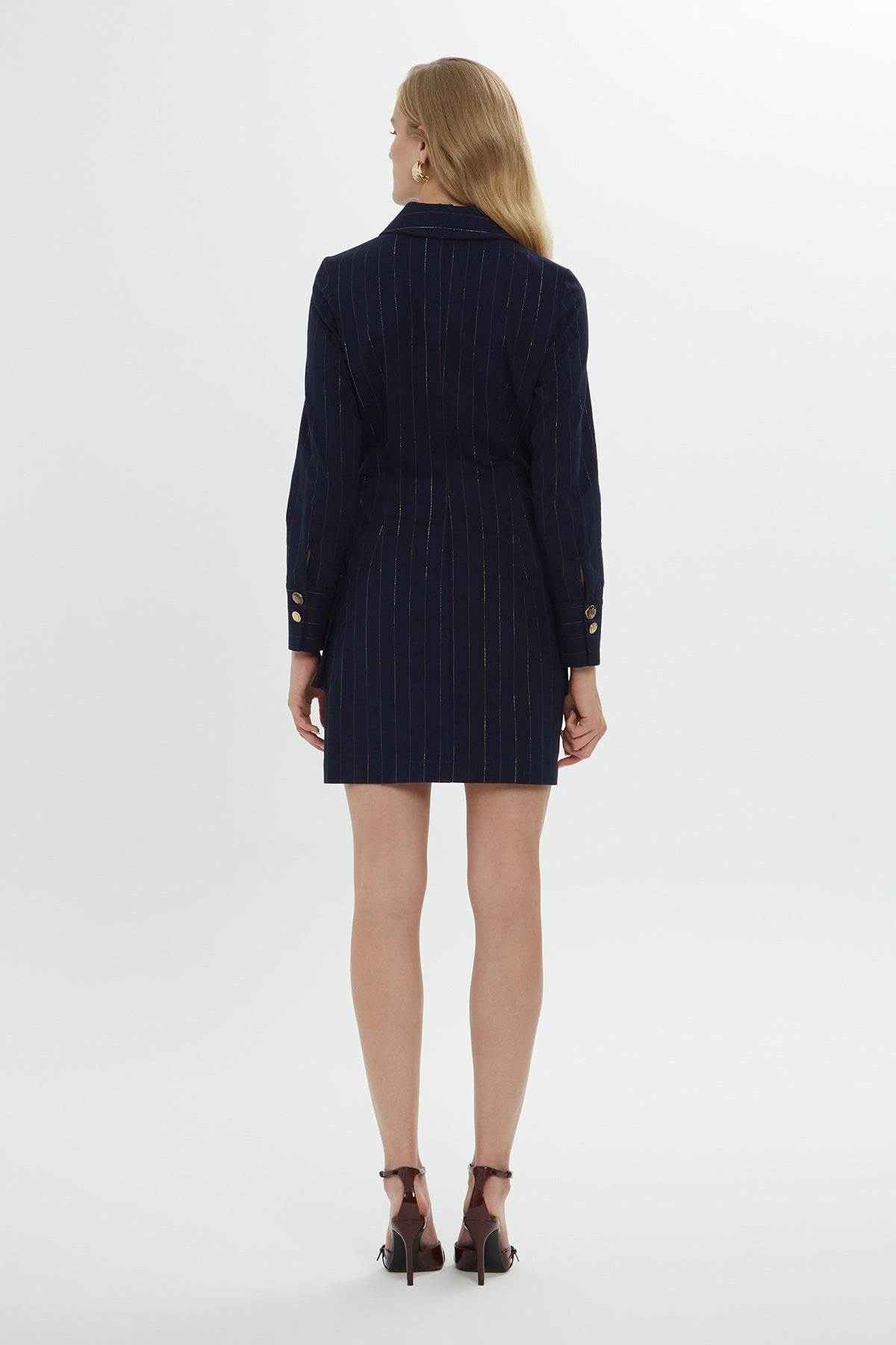 Long-Sleeved Striped Navy Shirt Dress with Gold Button Details N