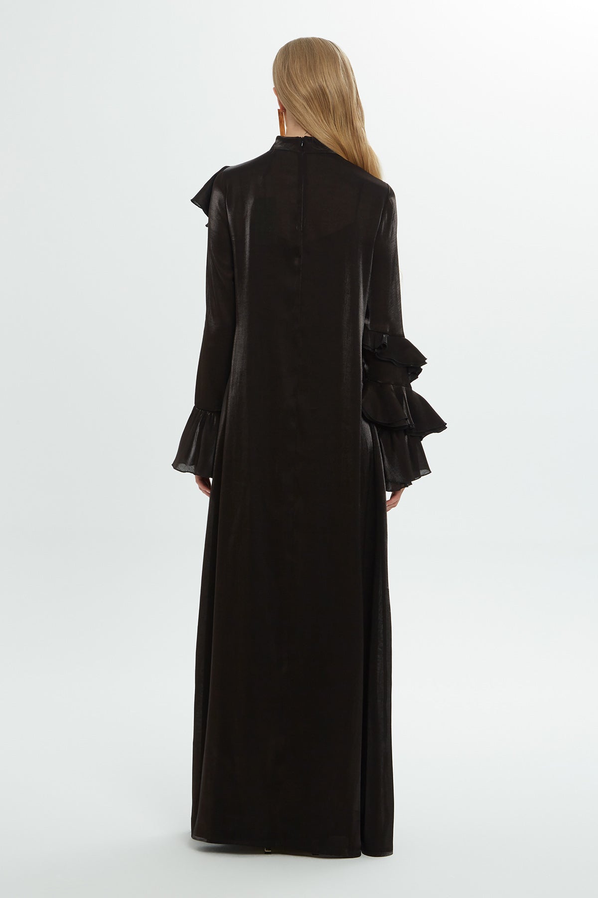 Shoulder Ruffle Detailed Shiny Black Dress N