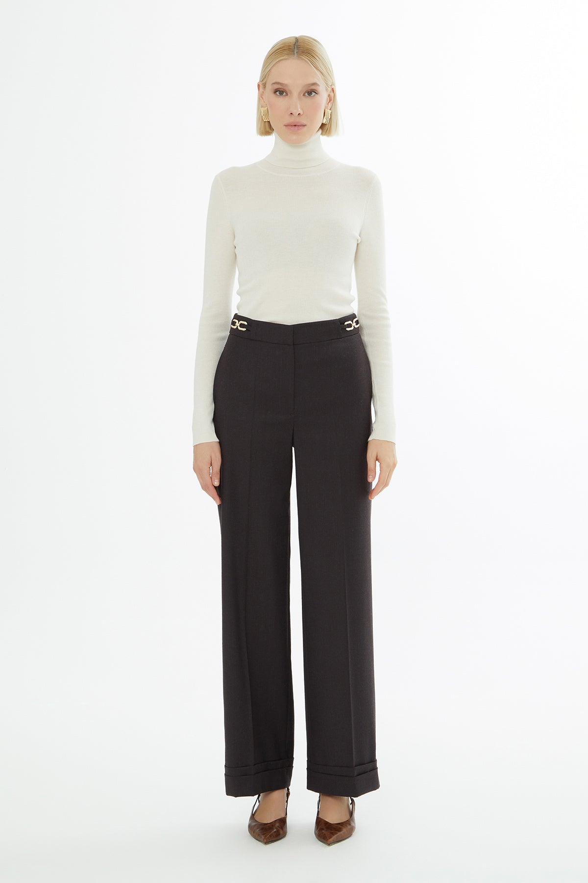 Brown Wide Trousers with Waist Accessory