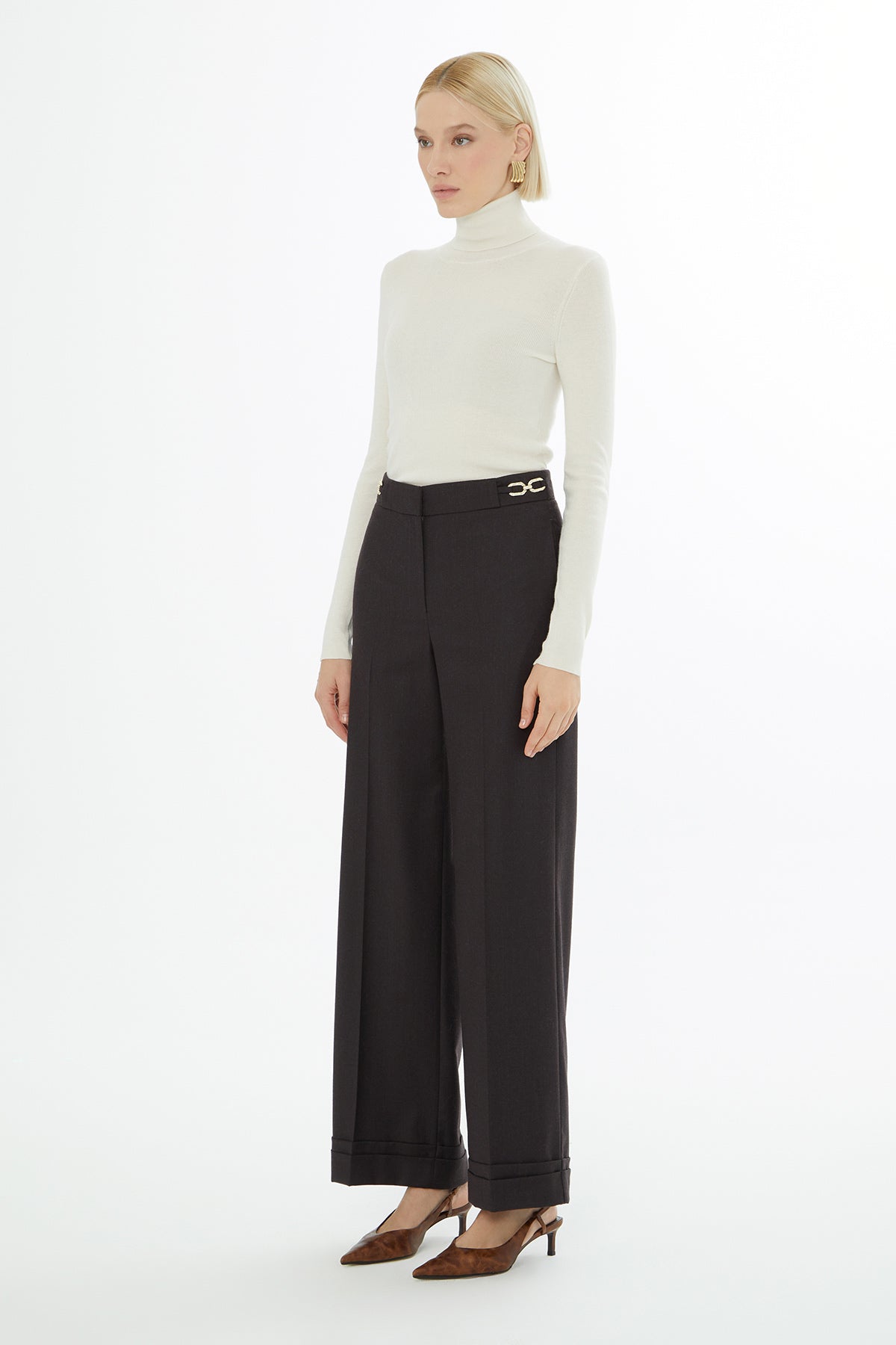 Brown Wide Trousers with Waist Accessory