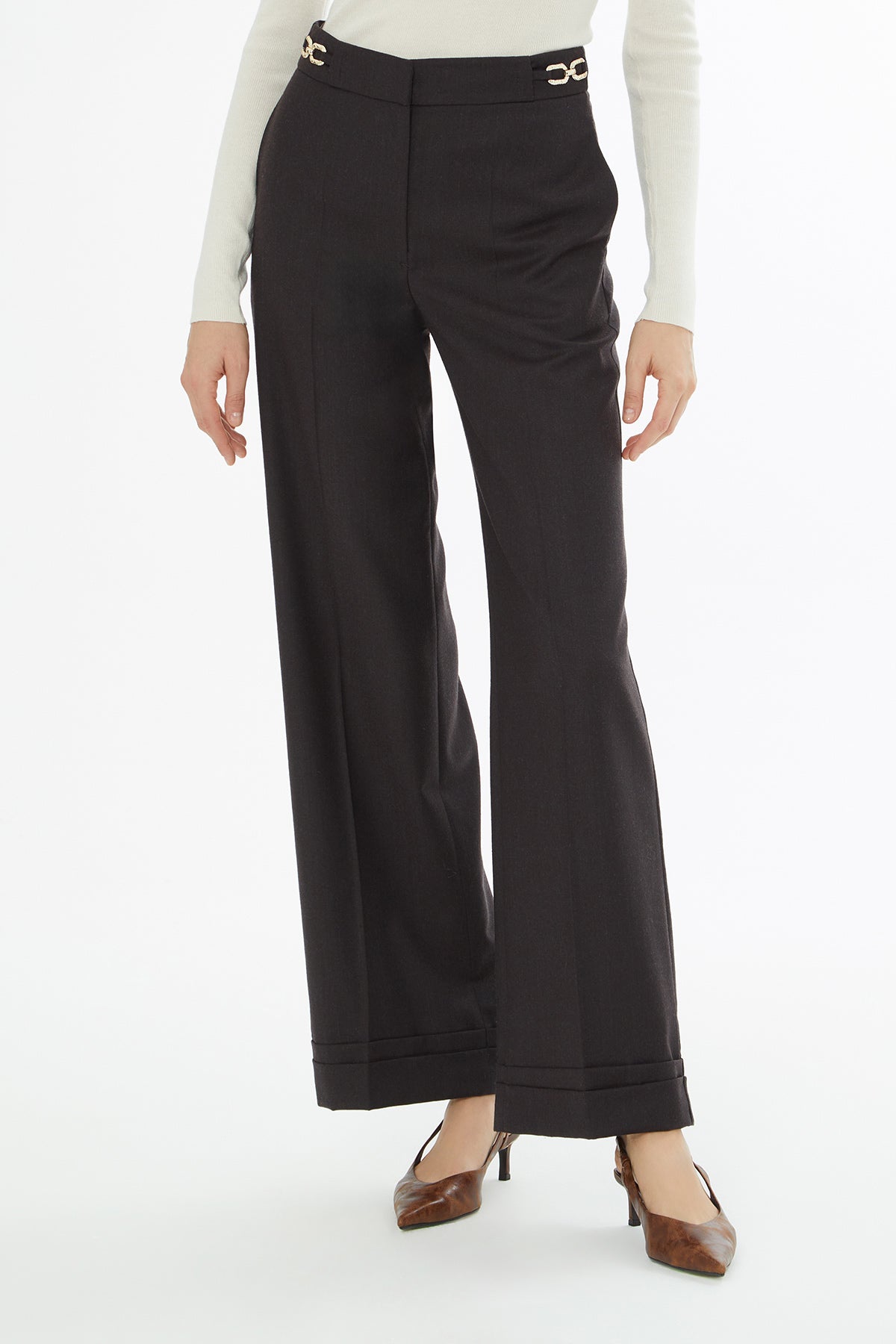 Brown Wide Trousers with Waist Accessory