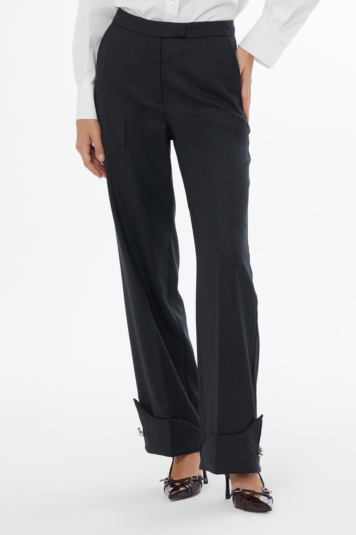 Grey Trousers with Metal-Hem Detail
