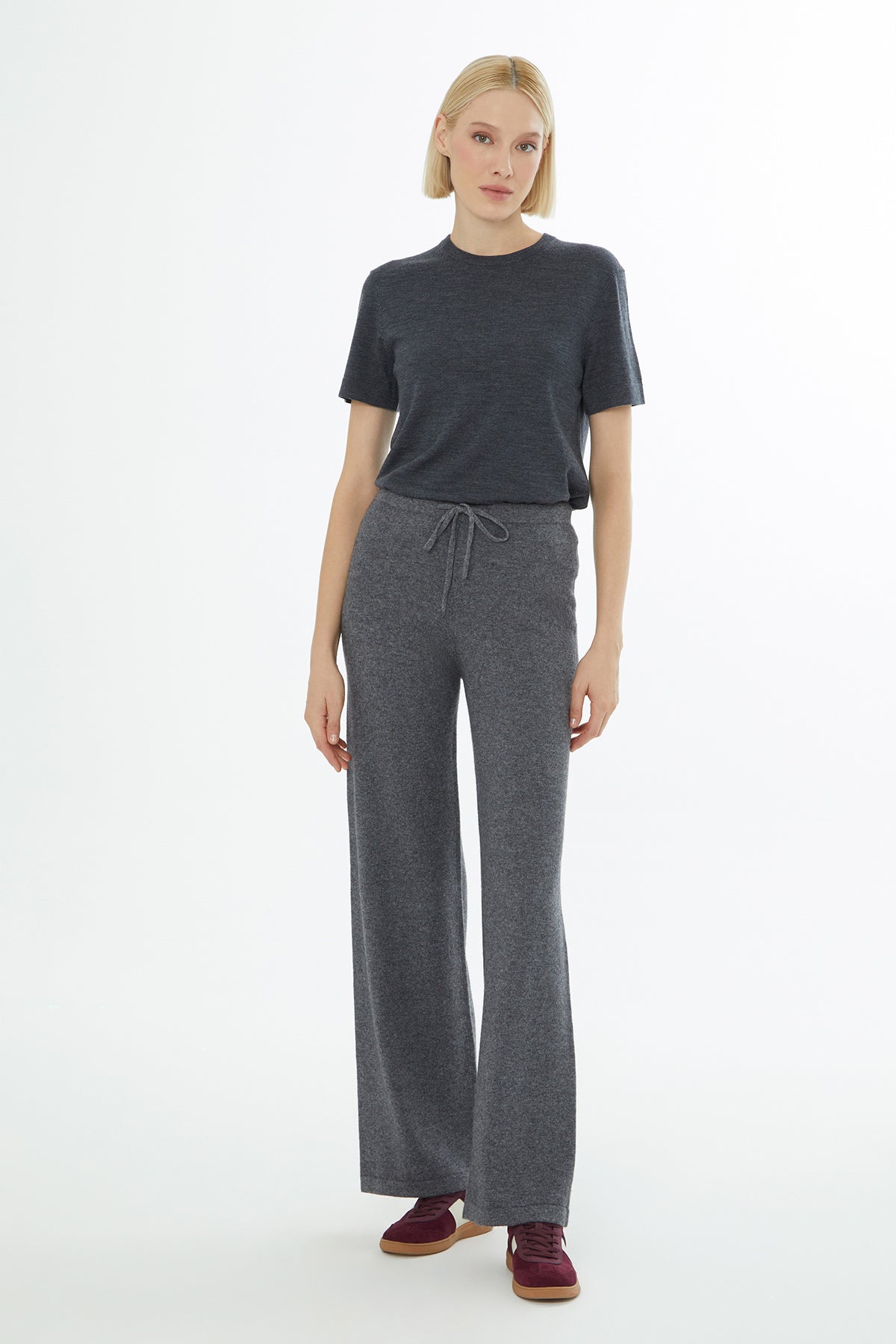Grey Self-Fabric Waistband Knitted Trousers