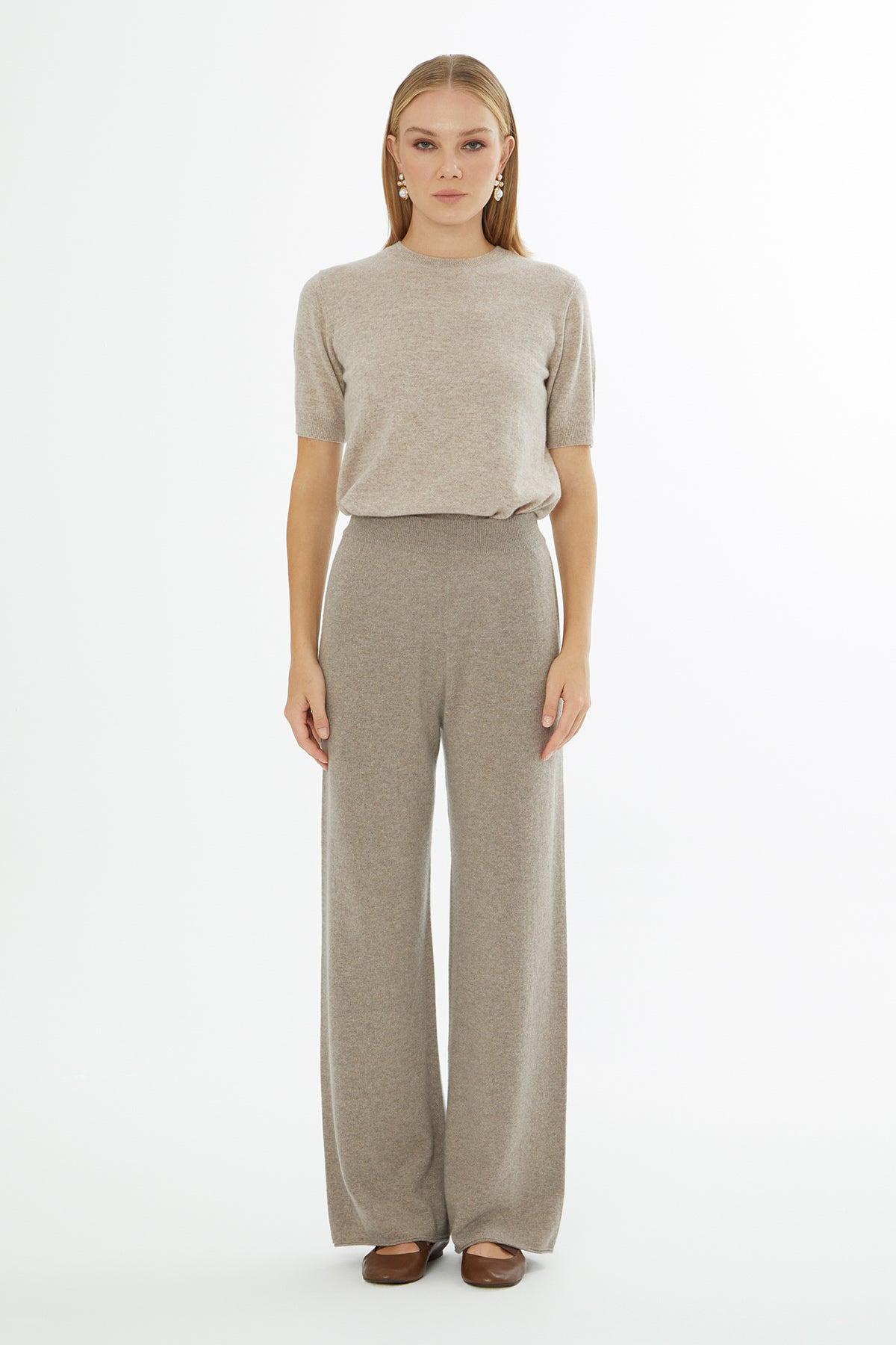 Beige Elasticated-Waist Knitted Trousers