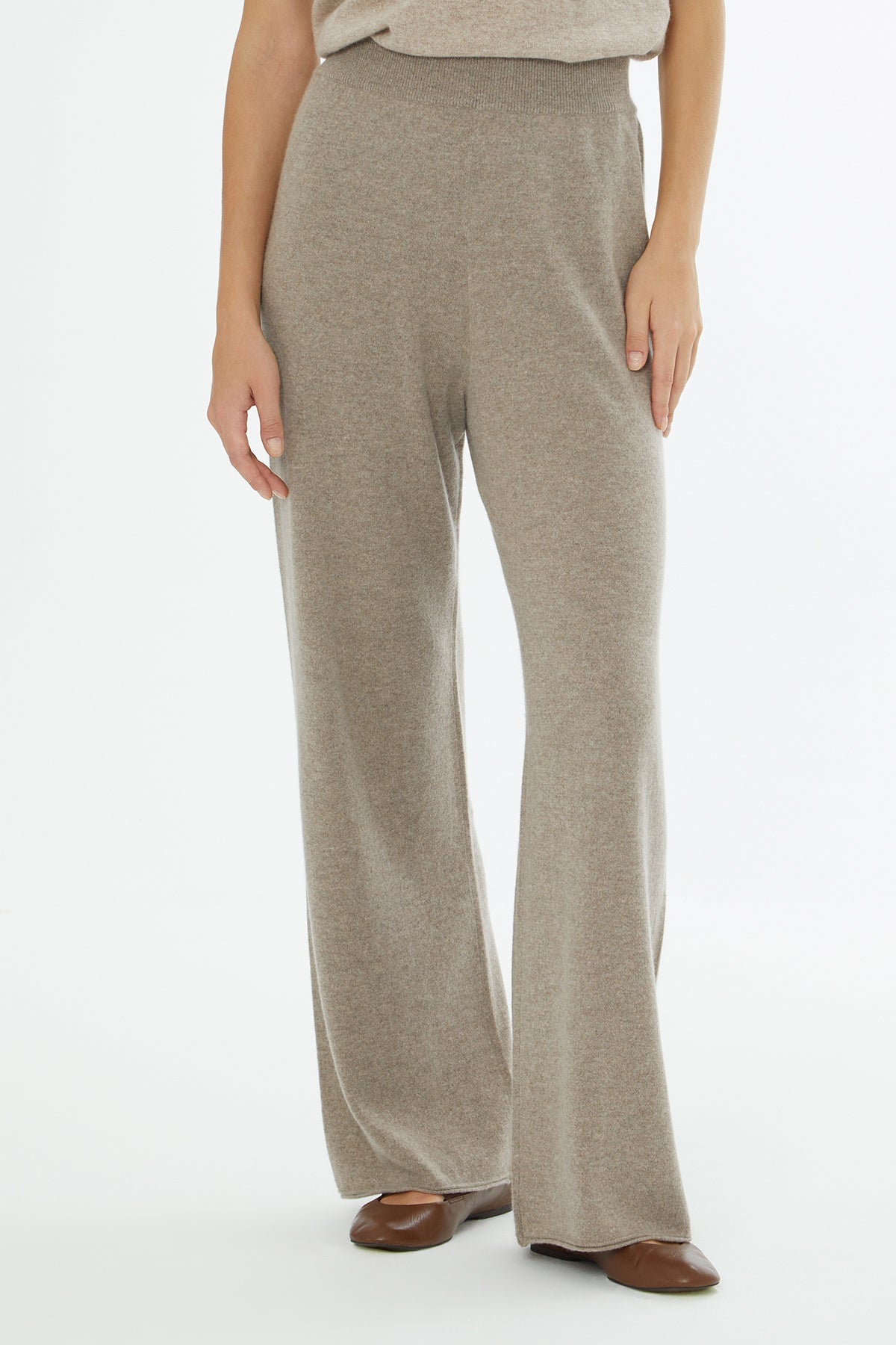 Beige Elasticated-Waist Knitted Trousers