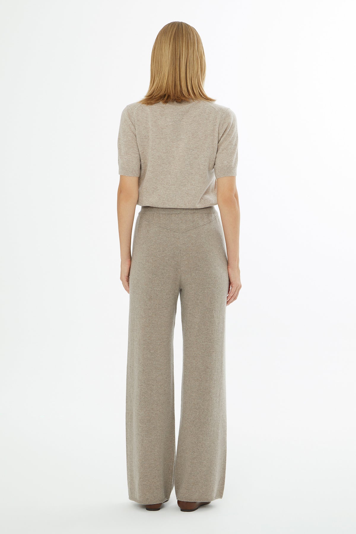 Beige Elasticated-Waist Knitted Trousers