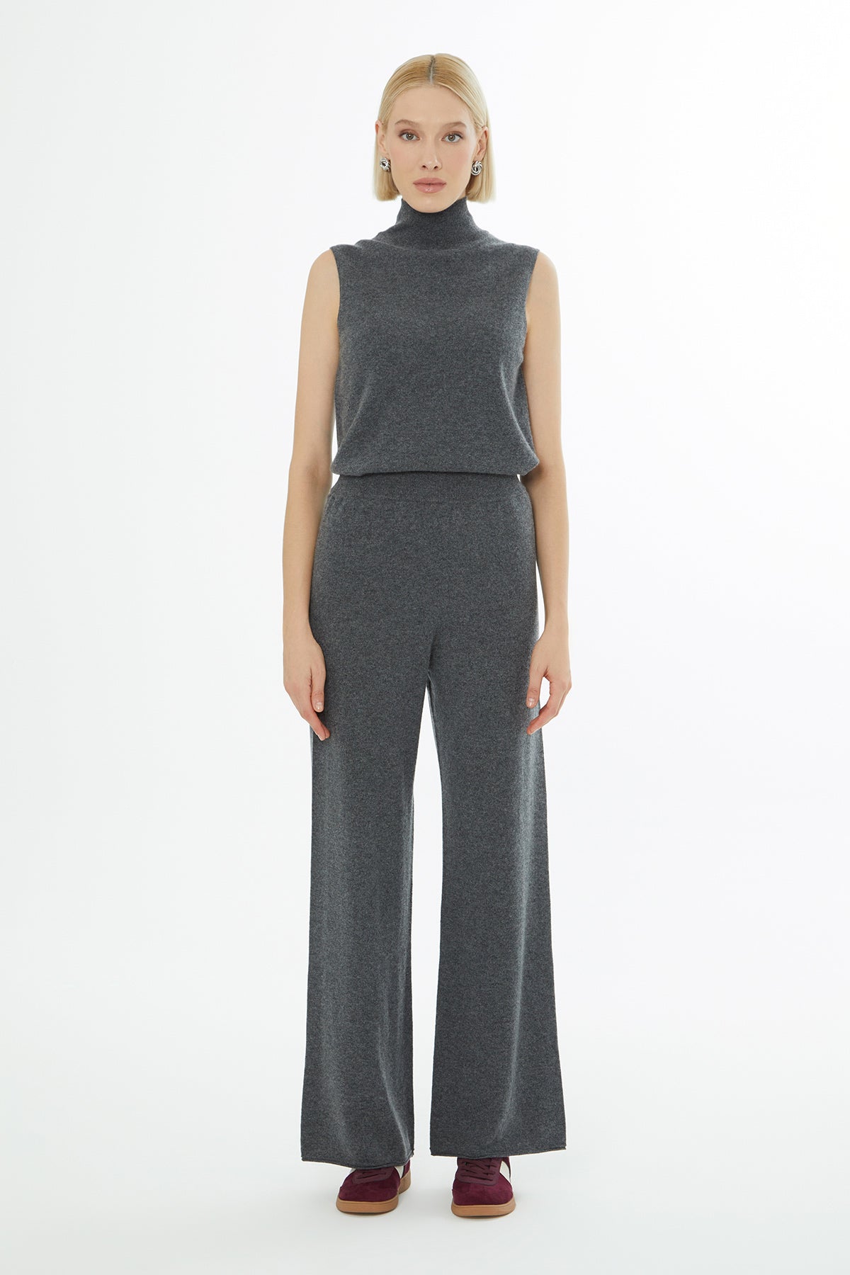 Grey Elasticated-Waist Knitted Trousers