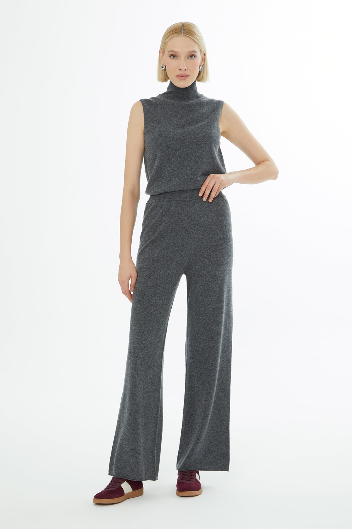 Grey Elasticated-Waist Knitted Trousers