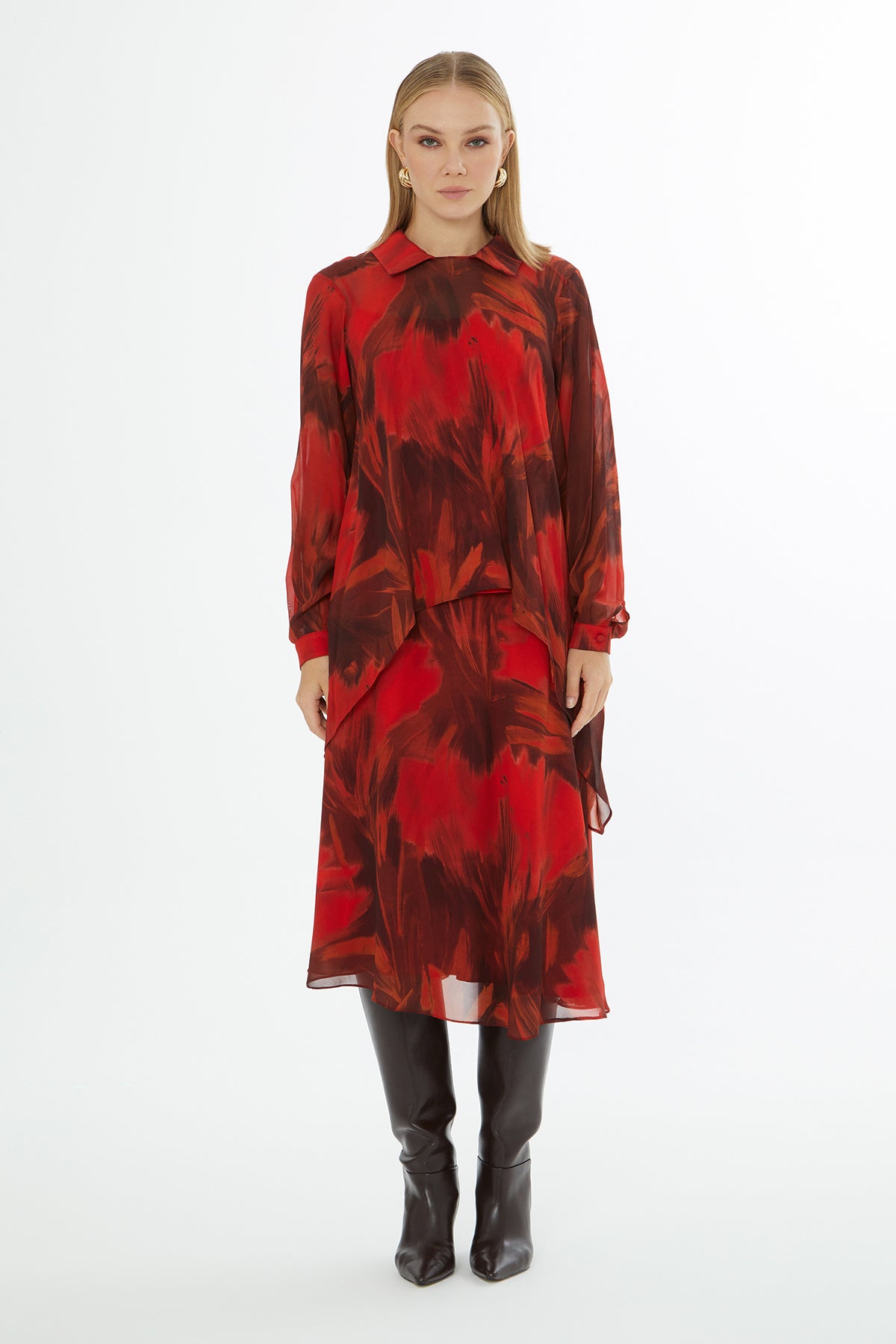 Collared Patterned Relaxed-Fit Blouse with Inner Camisole N