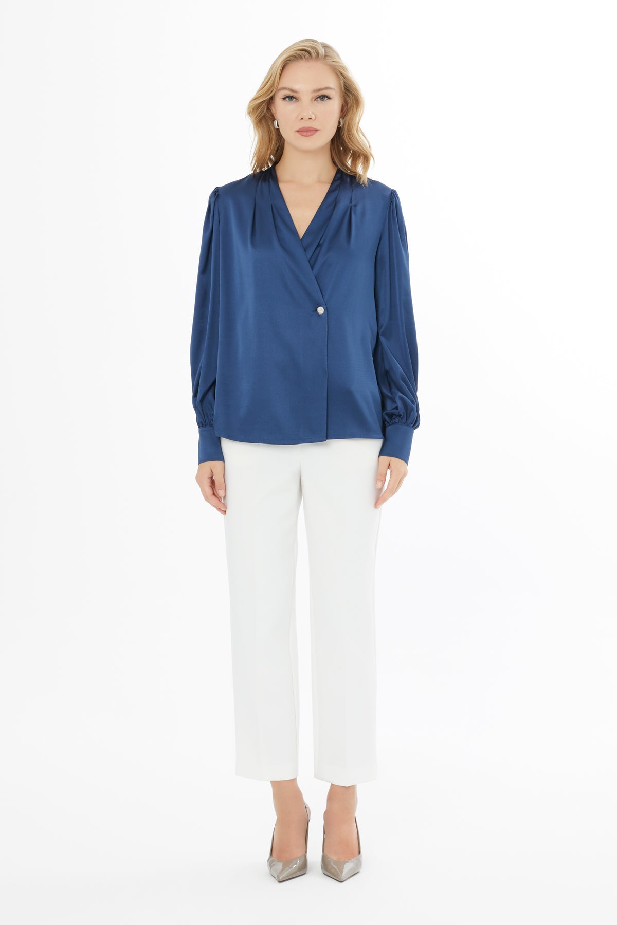 Blue Button-Front Blouse