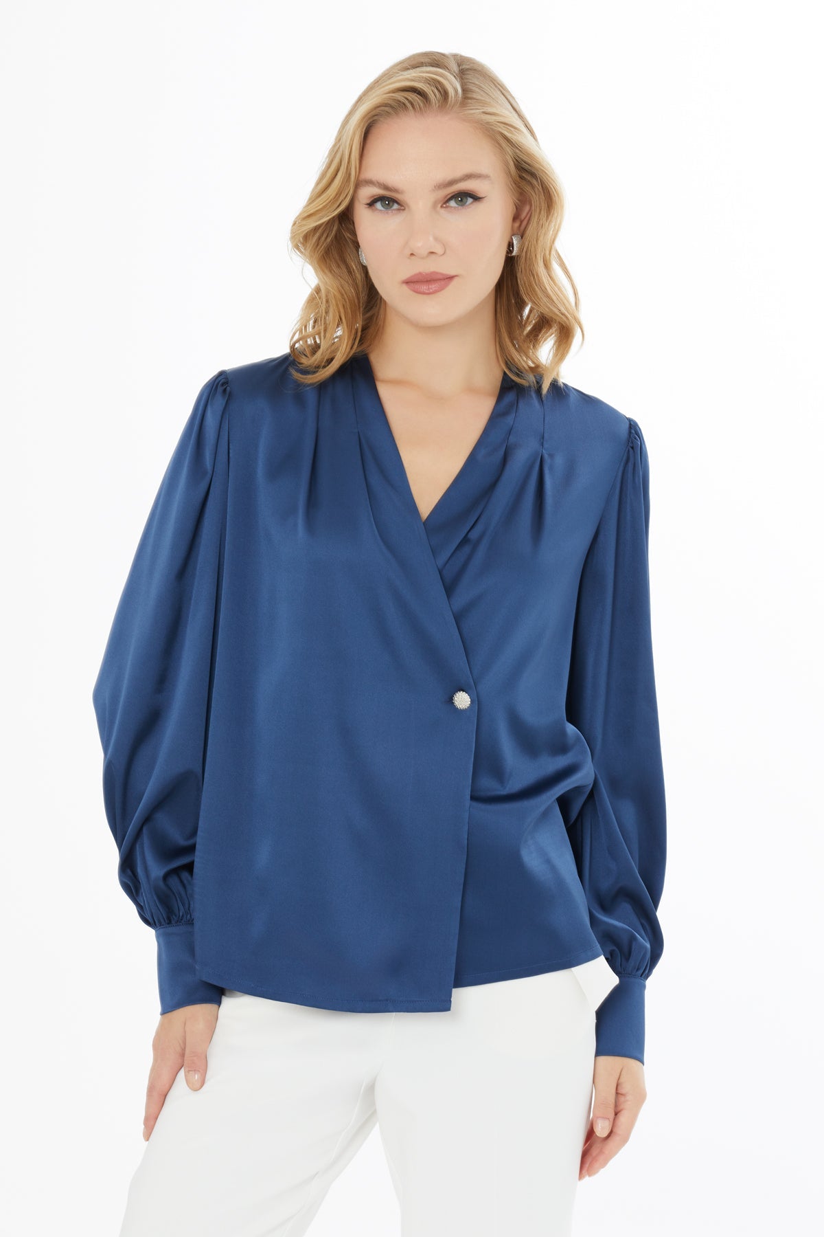 Blue Button-Front Blouse