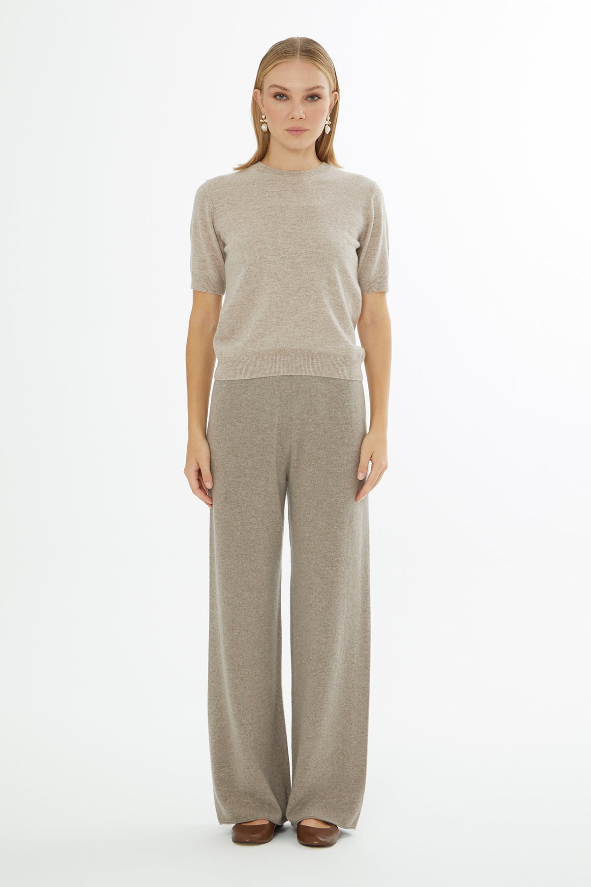 Beige Knit Blouse with Short Sleeves