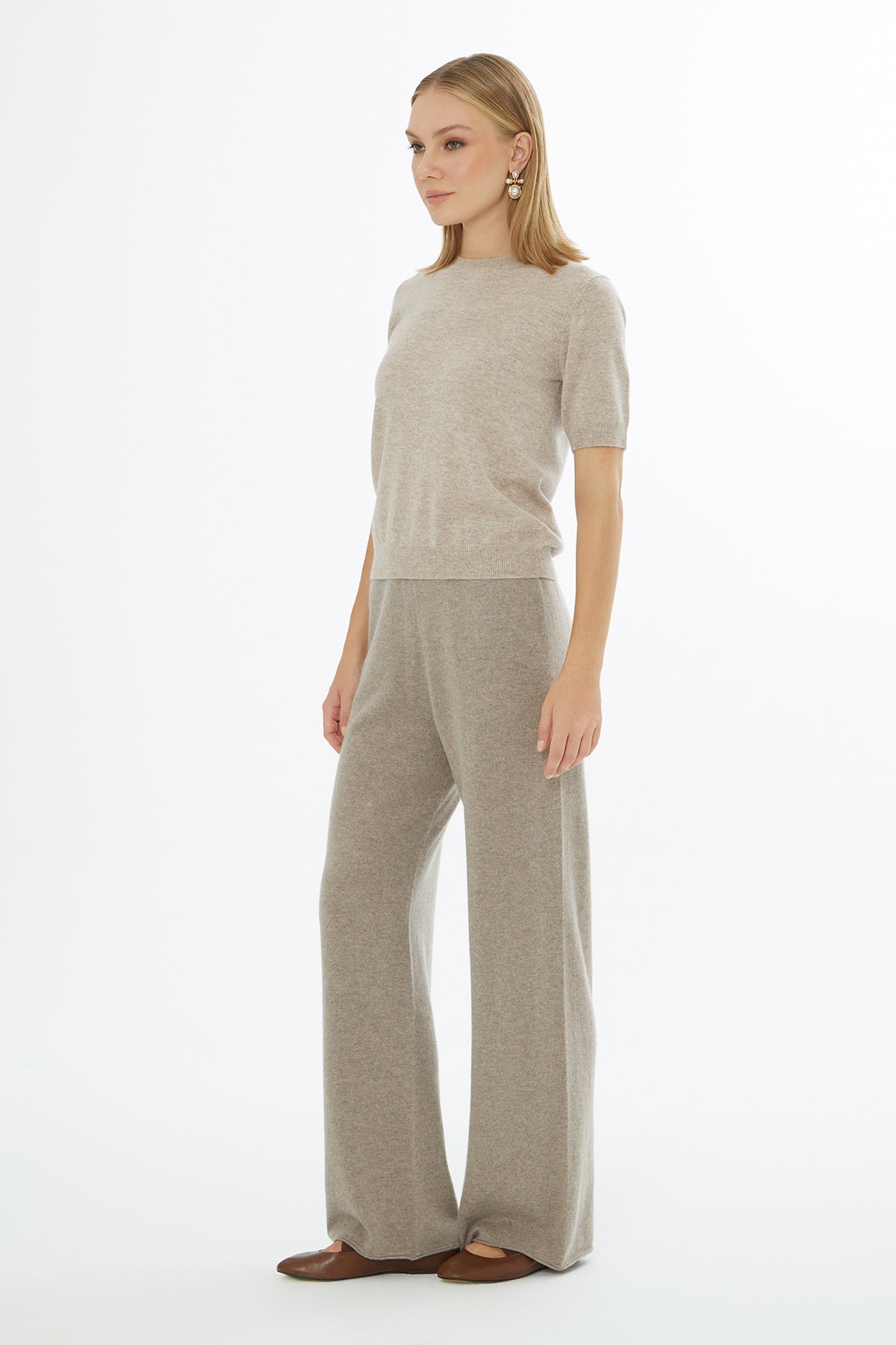 Beige Knit Blouse with Short Sleeves