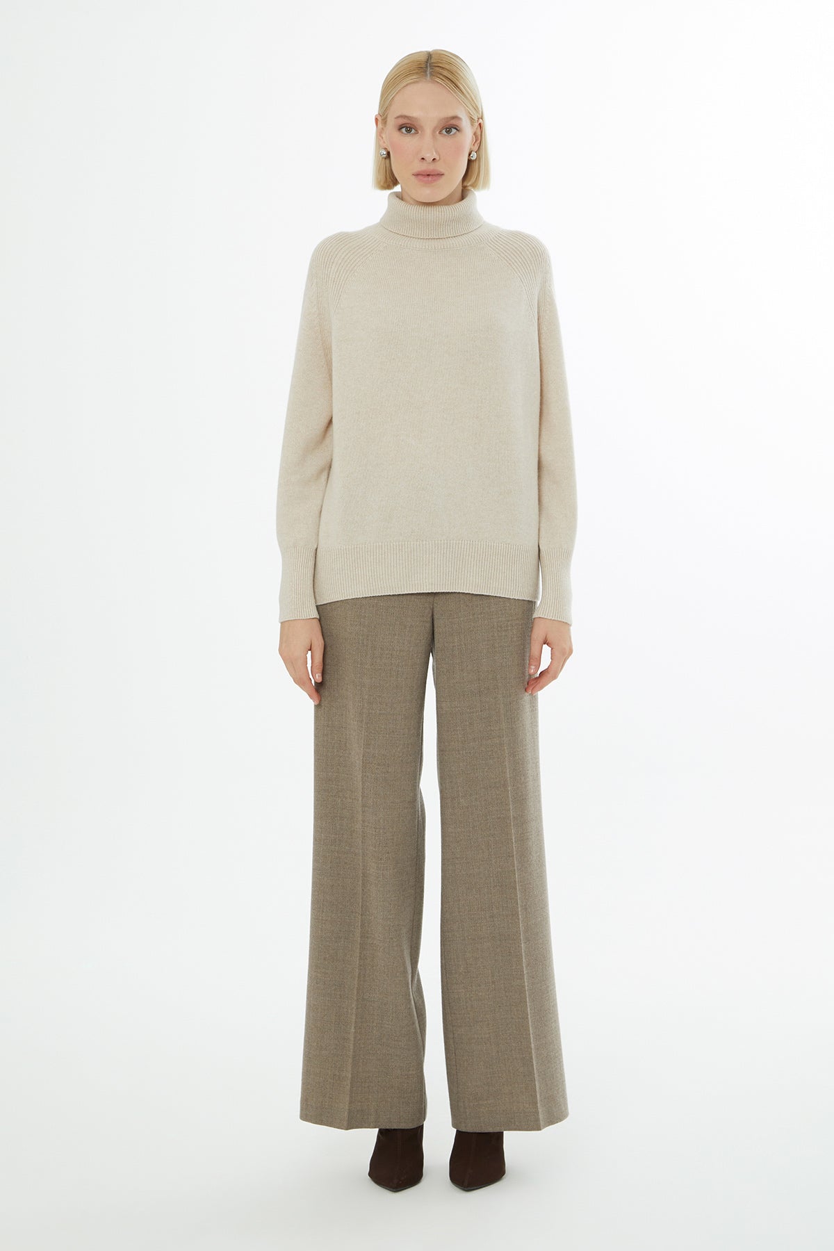 Beige Long-Sleeve Turtleneck Sweater