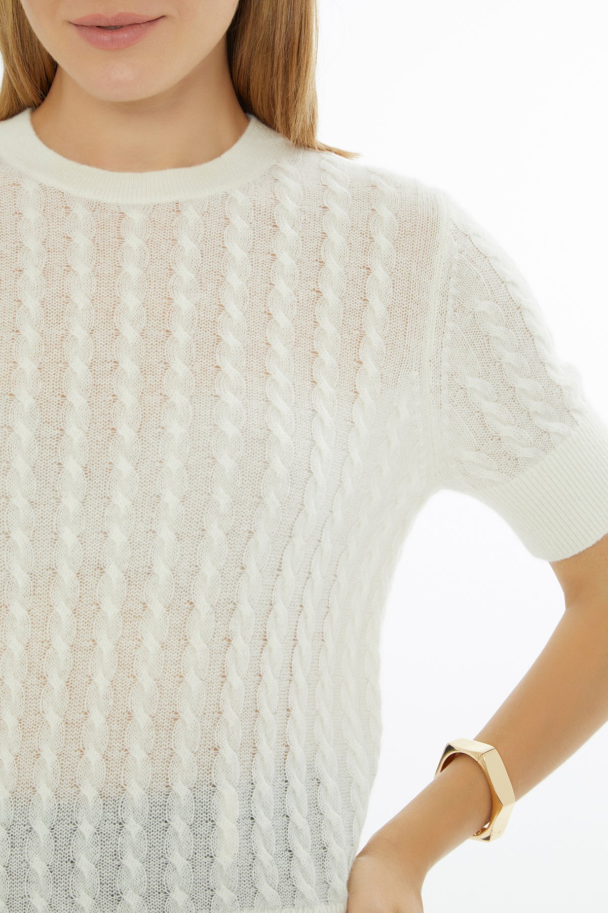 Ecru Short-Sleeve Round-Neck Sweater