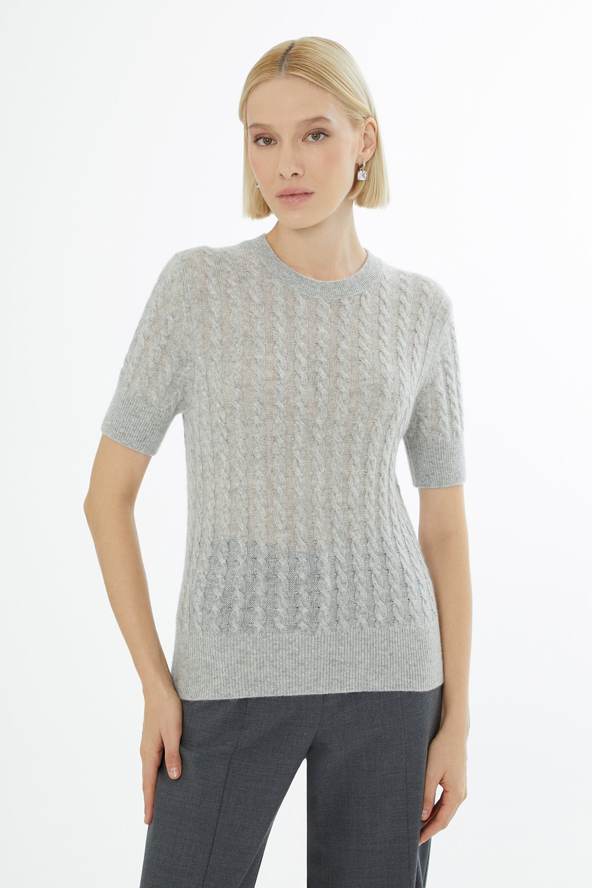 Grey Short-Sleeve Round-Neck Sweater