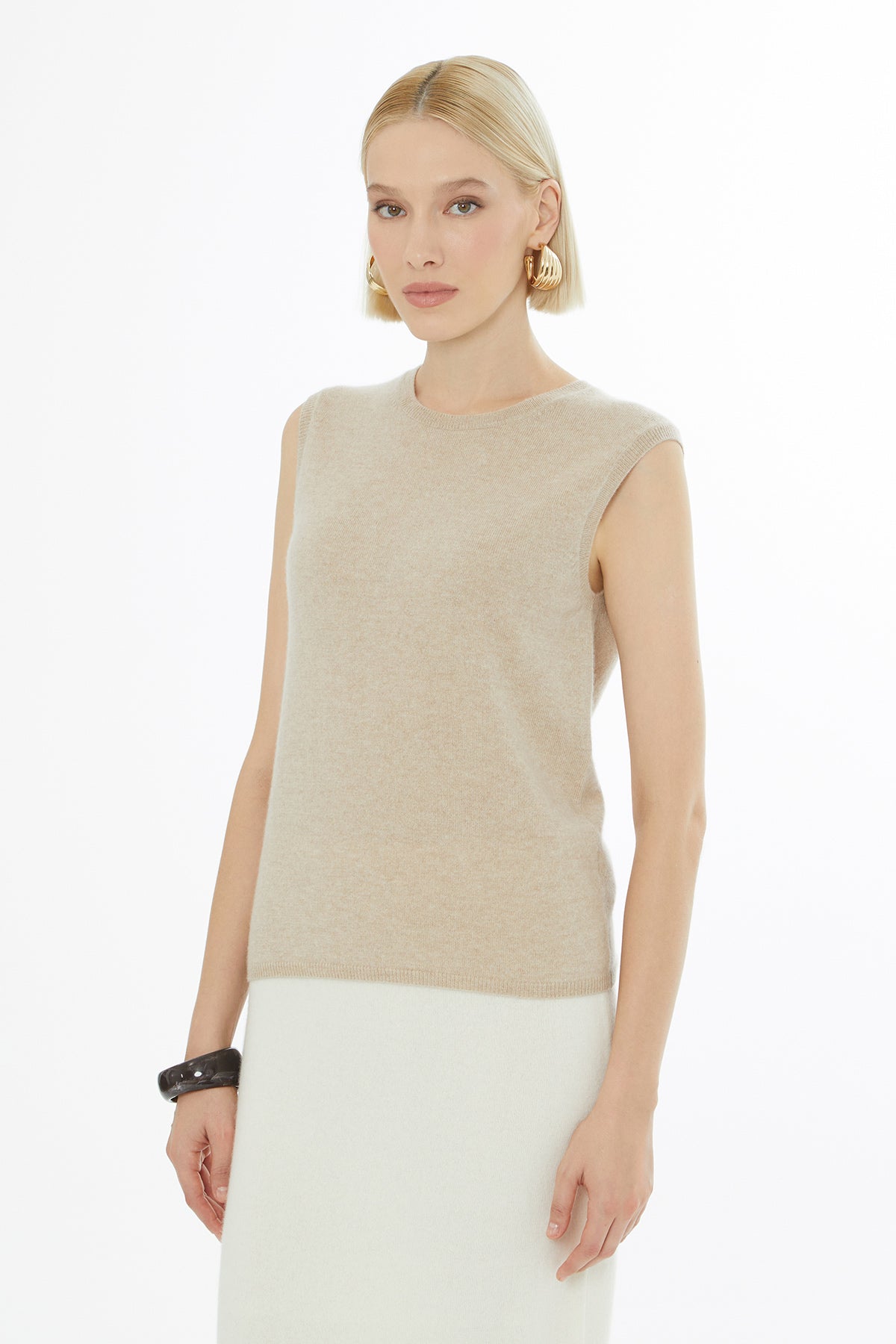 Beige Sleeveless Round-Neck Blous