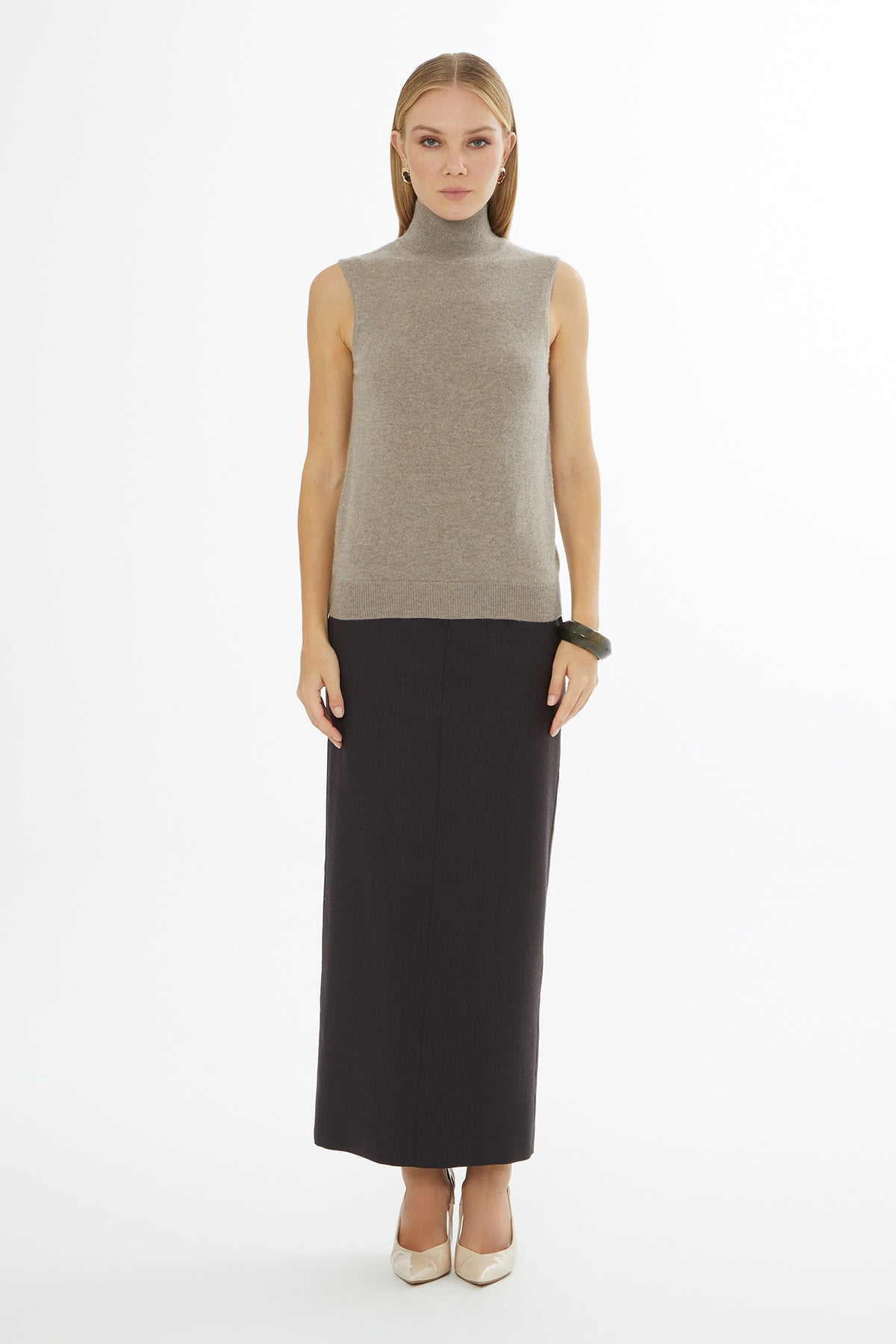 Beige Sleeveless Turtleneck Blouse