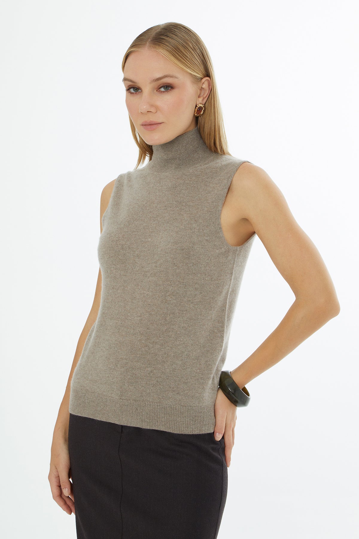 Beige Sleeveless Turtleneck Blouse