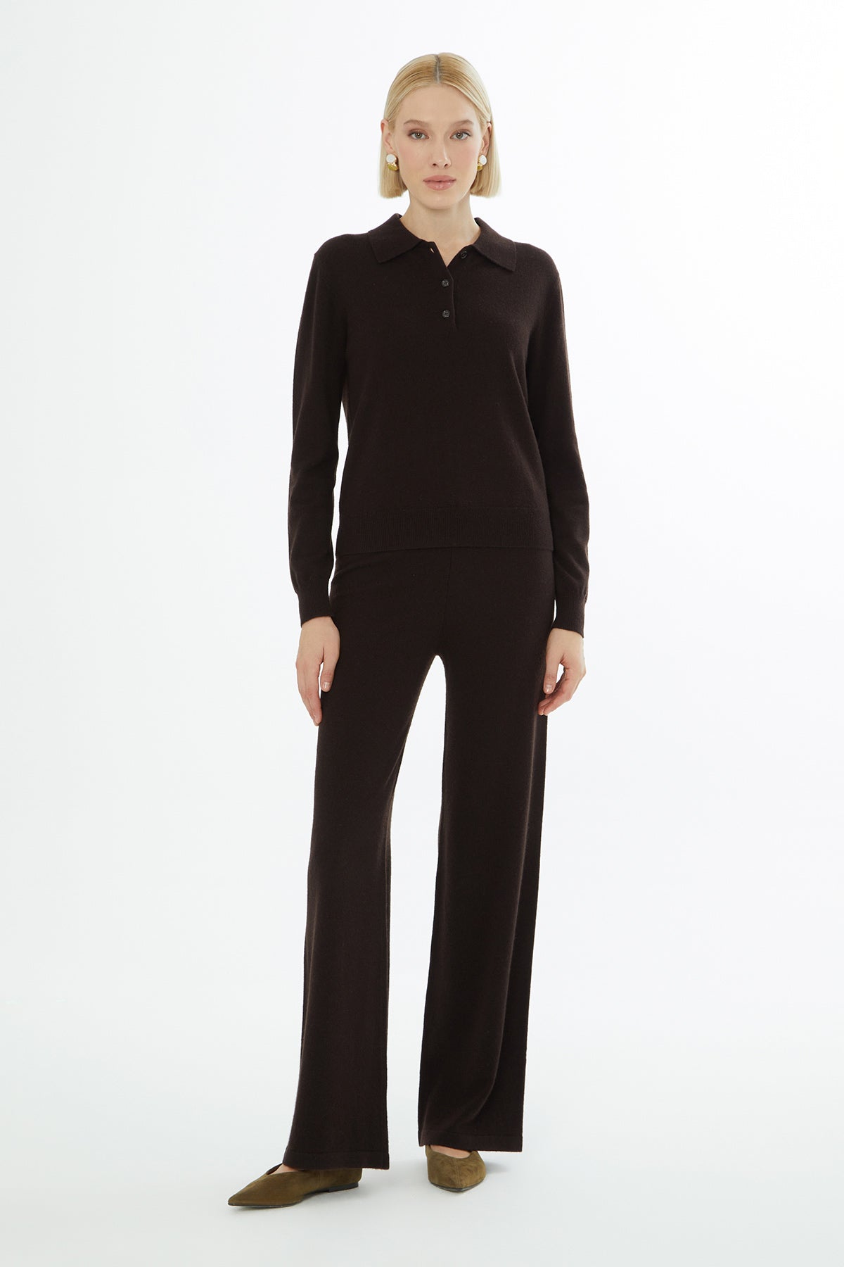 Shirt-Collar Button-Front Knit Top N